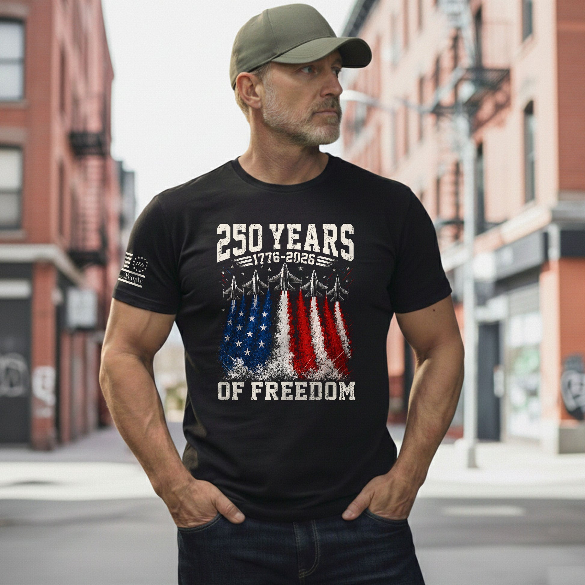 Commemorative 250 Years Freedom Tee - Vintage Fighter Jet Patriotic Cotton Shirt - Rust Field Wear