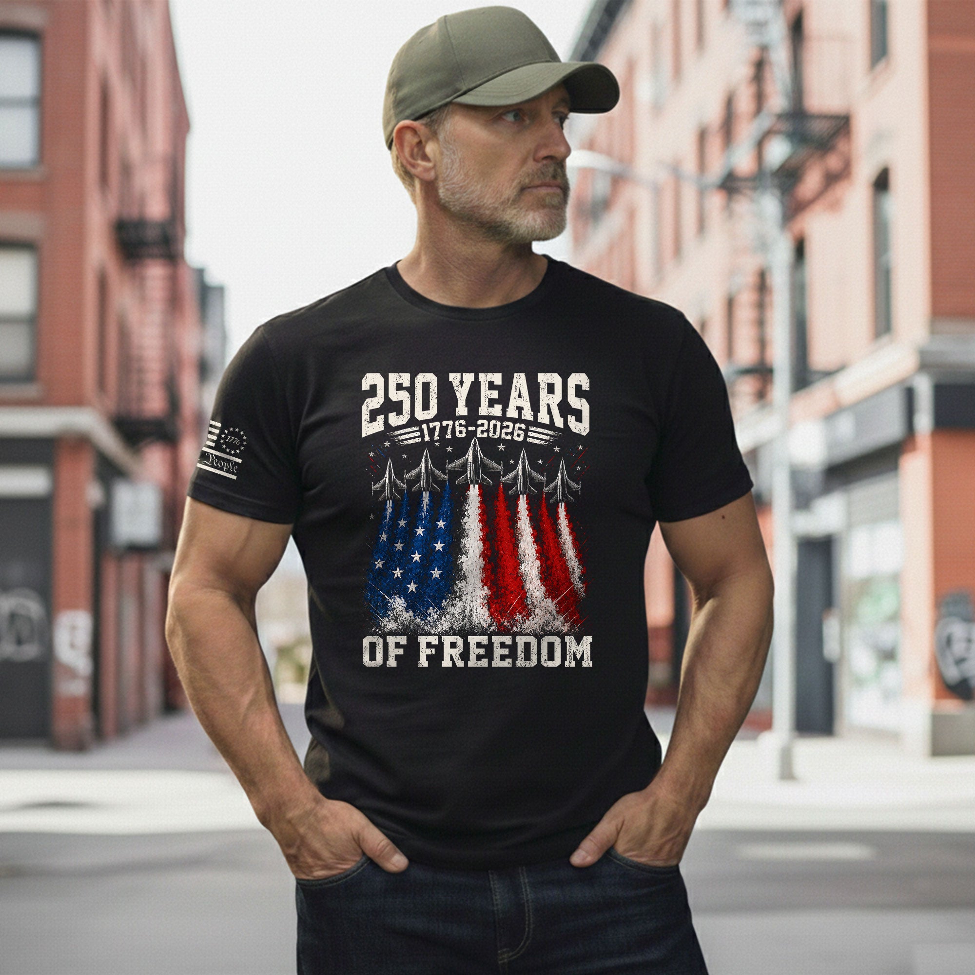 Commemorative 250 Years Freedom Tee - Vintage Fighter Jet Patriotic Cotton Shirt - Rust Field Wear