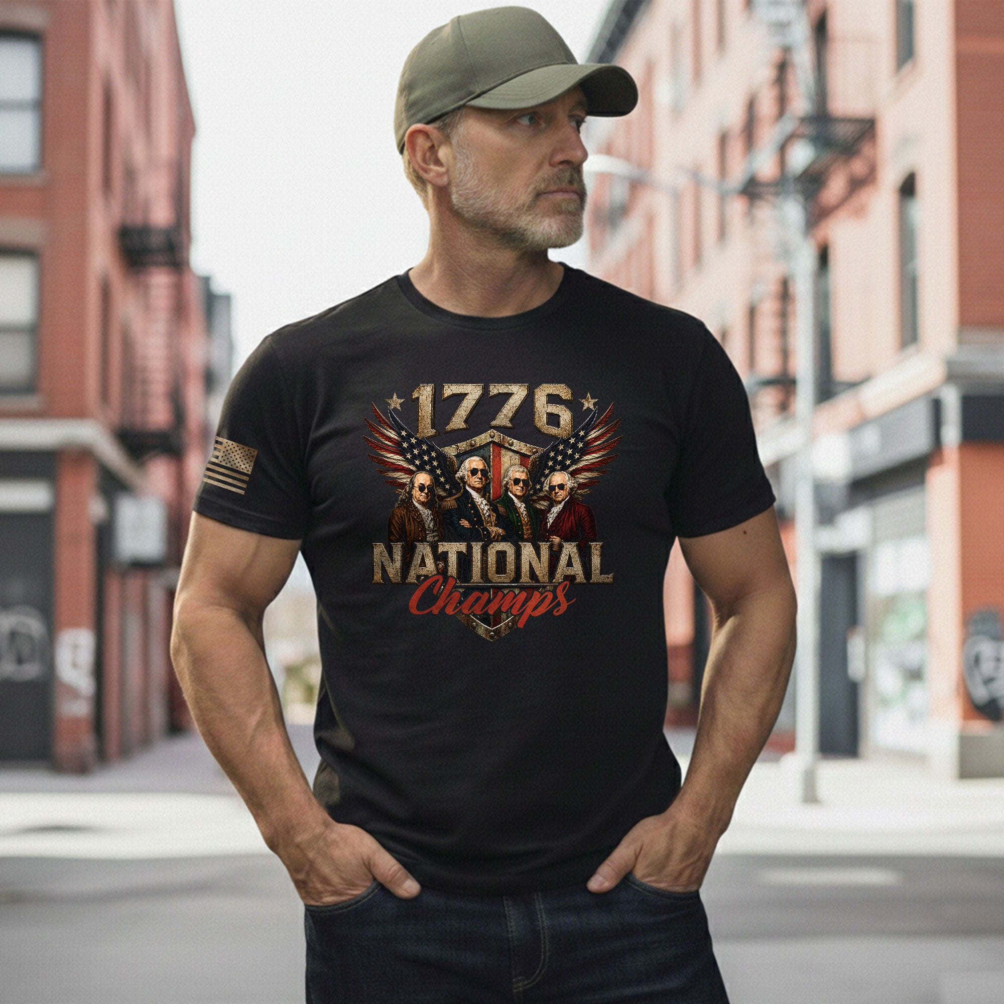 1776 National Champs Founding Fathers Wings Tee Patriotic Graphic Vintage Style Apparel - Rust Field Wear
