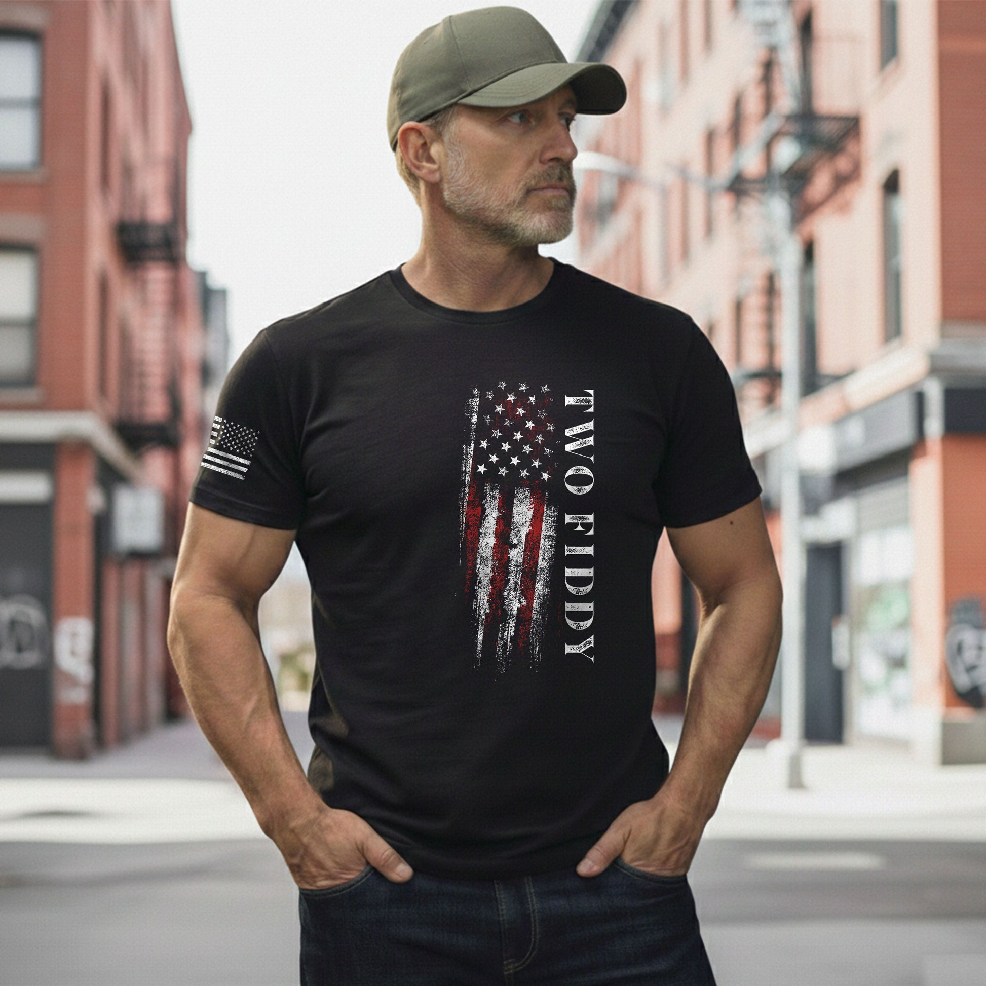 Two Fiddy Patriotic T-Shirt Distressed Vertical Flag Graphic Casual Apparel for Everyone - Rust Field Wear