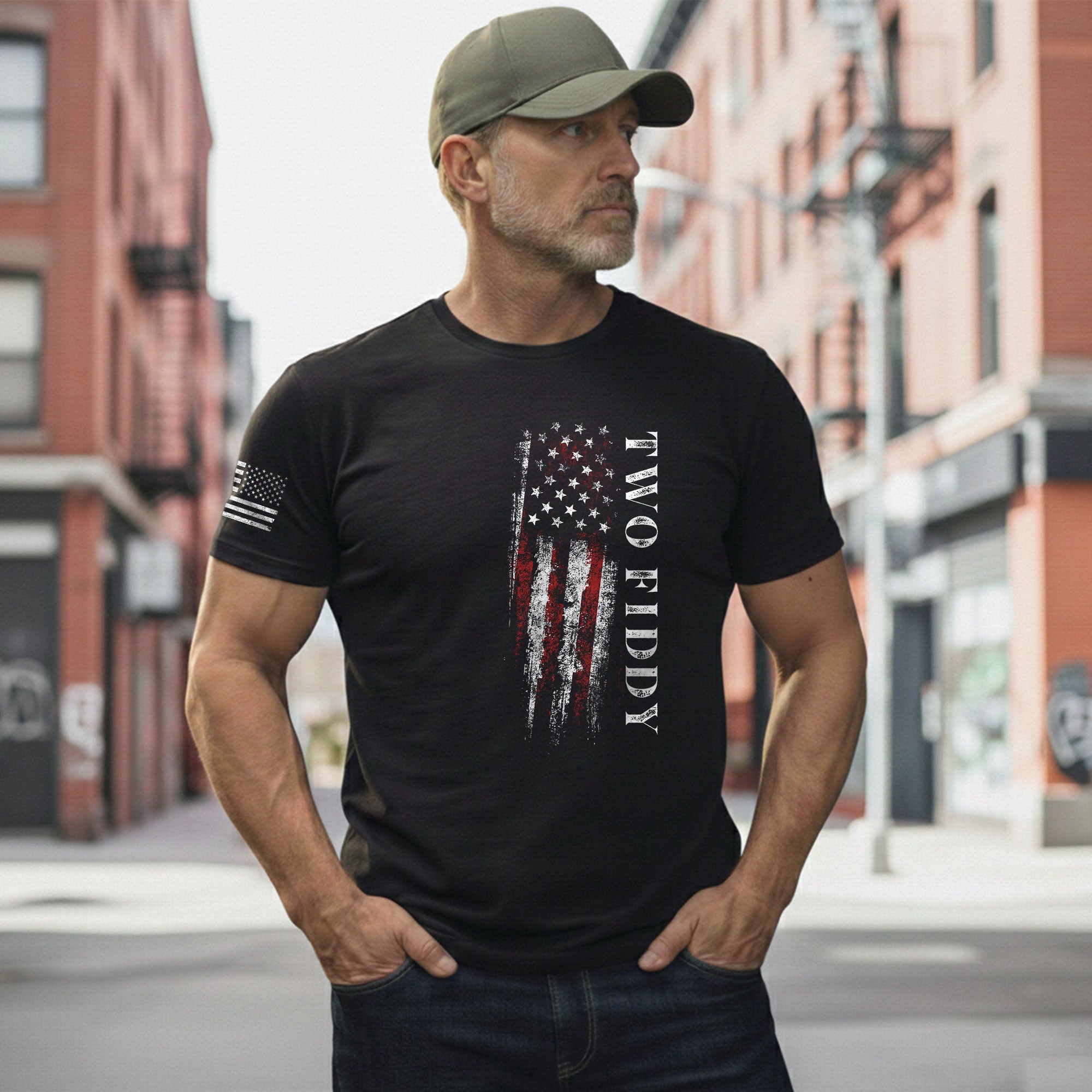 Two Fiddy Patriotic T-Shirt Distressed Vertical Flag Graphic Casual Apparel for Everyone - Rust Field Wear
