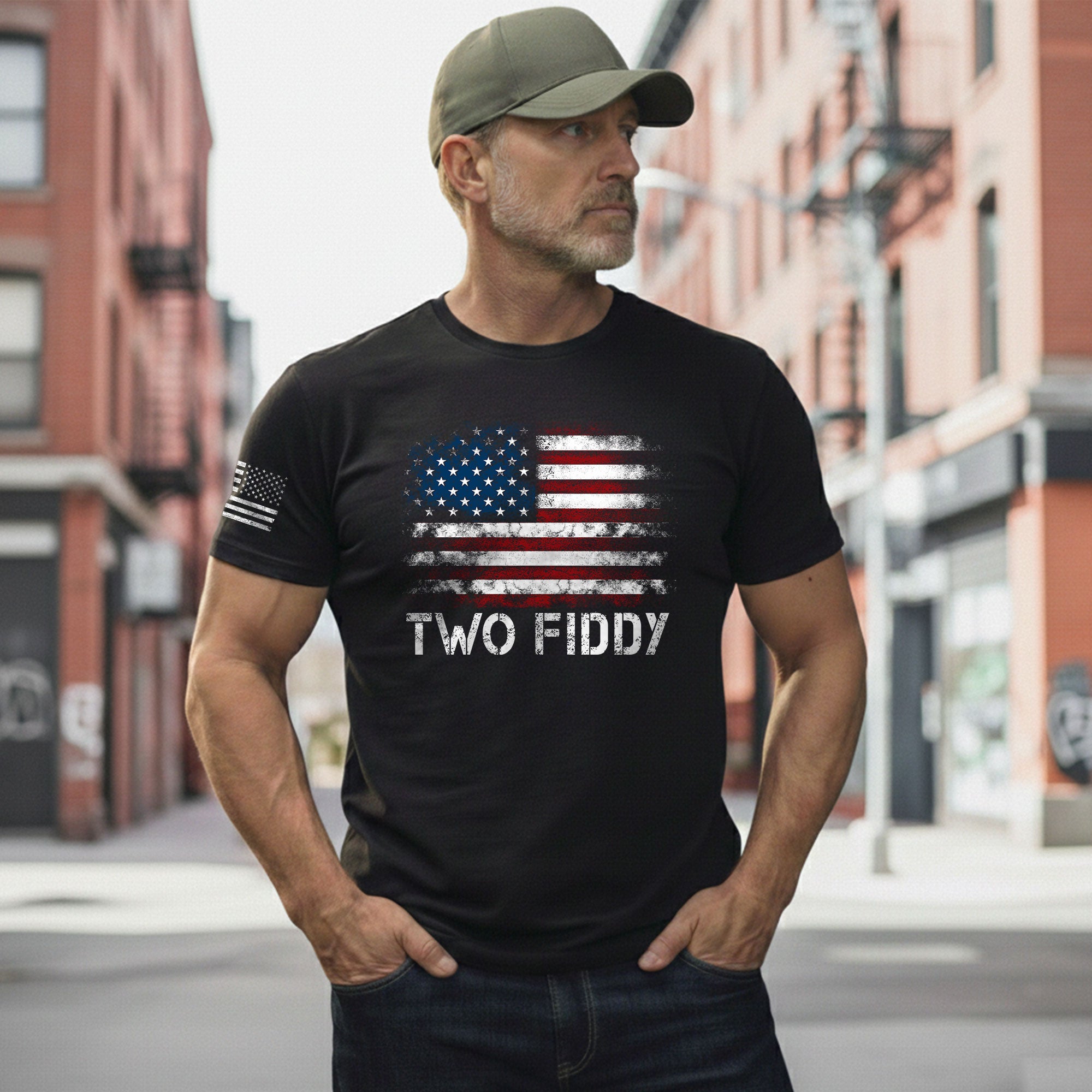 Two Fiddy Distressed Flag Graphic Tee Unisex Soft Cotton Patriotic Short Sleeve T-Shirt - Rust Field Wear