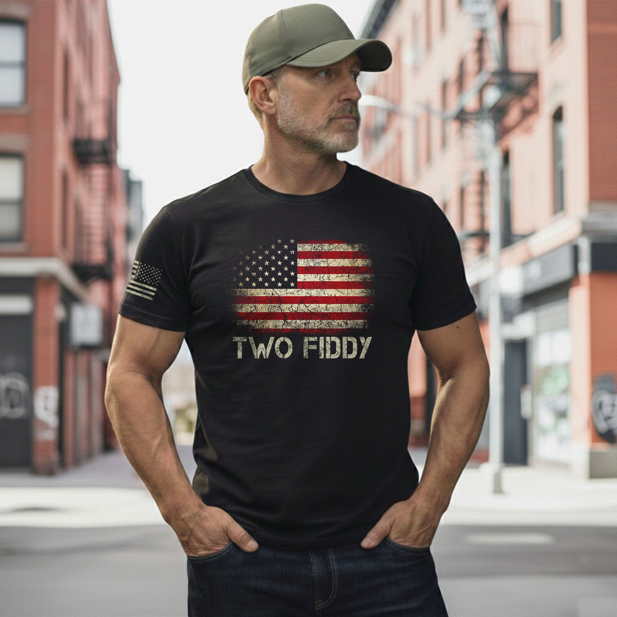 Two Fiddy Graphic T-Shirt Distressed American Flag Print Casual Cotton Short Sleeve Tee - Rust Field Wear