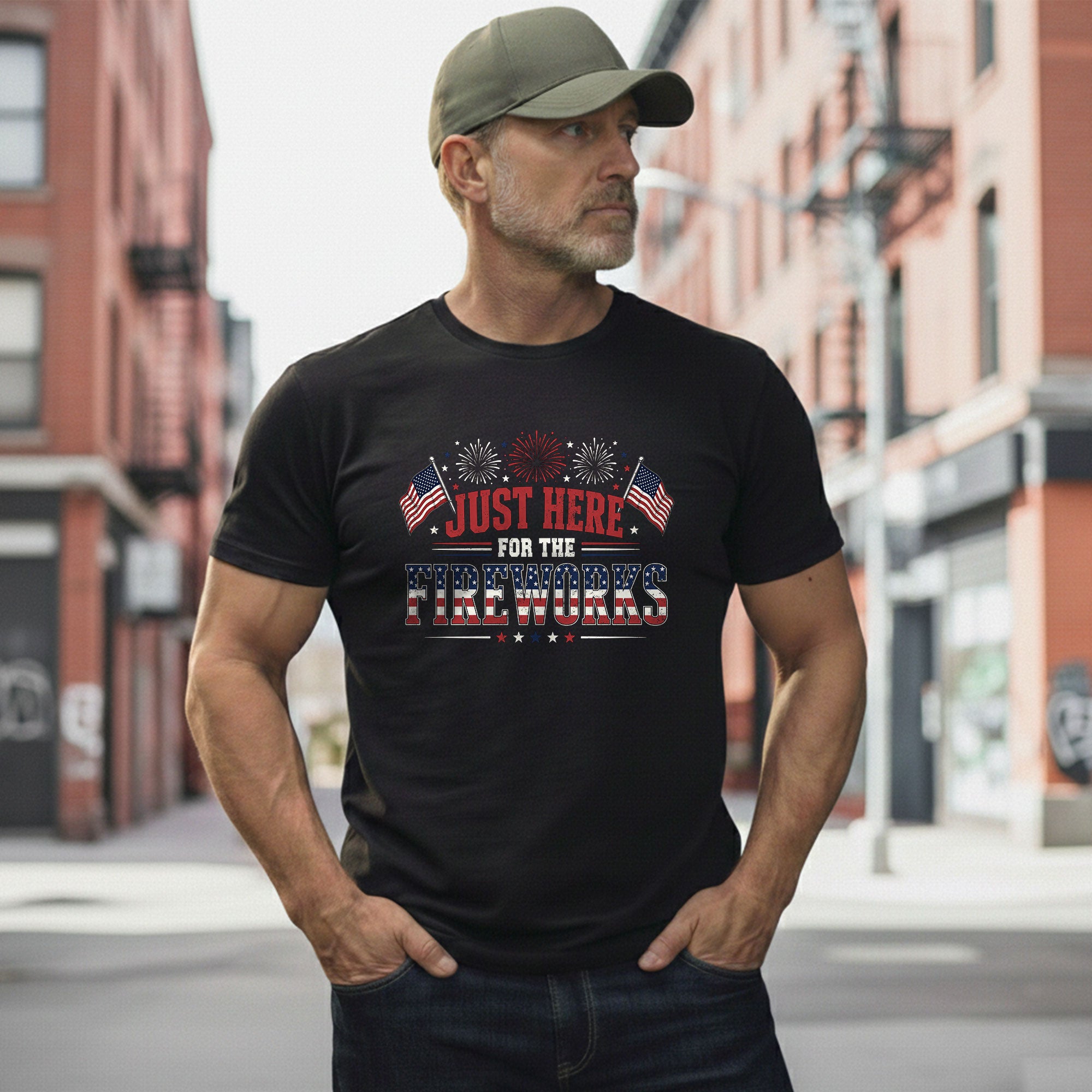 Just Here for The Fireworks Shirt 4th of July Patriotic American Flag Tee Men Women - Rust Field Wear