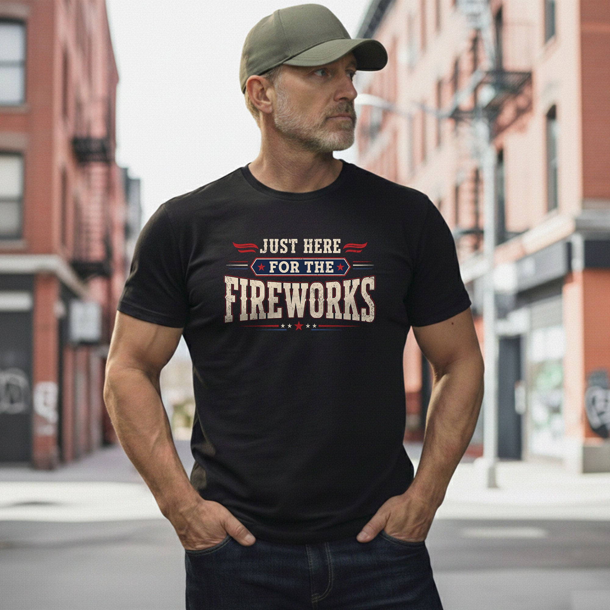 Just Here for The Fireworks T Shirt Funny Independence Day Celebration Apparel for Men - Rust Field Wear