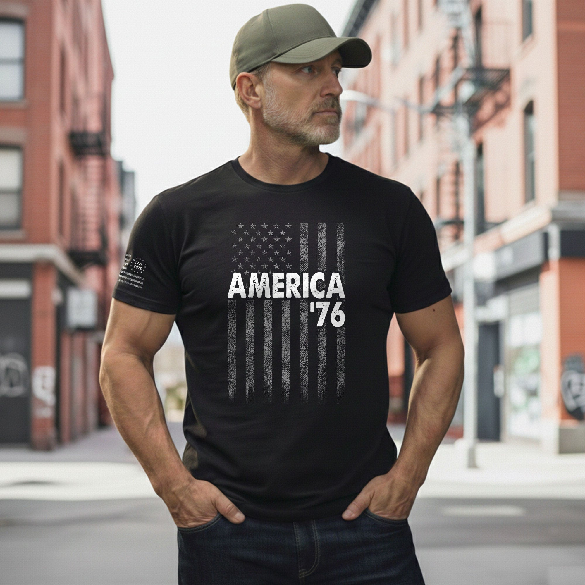 America '76 Graphic T Shirt Distressed Flag Design Patriotic Casual Mens Apparel Shirt - Rust Field Wear