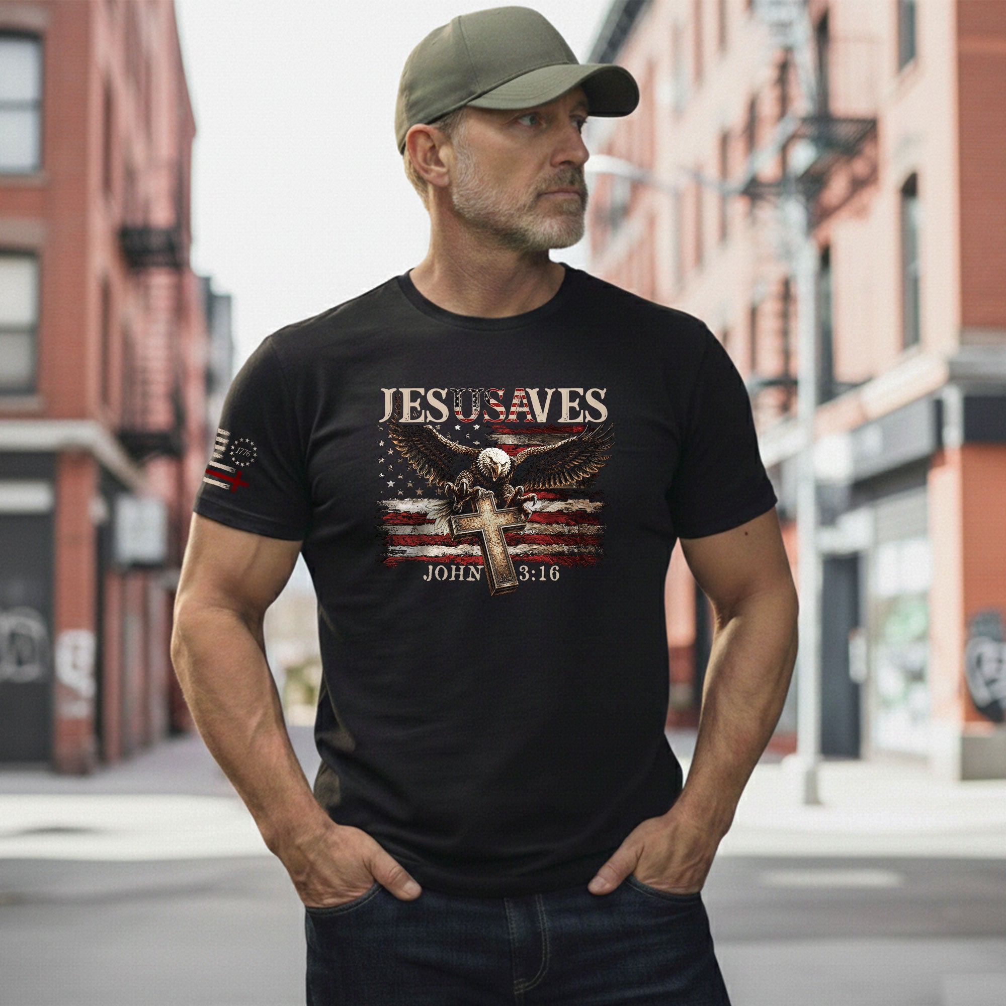 JESUSAVES T-Shirt Patriotic American Flag Bald Eagle Christian John 3:16 Religious Tee - Rust Field Wear