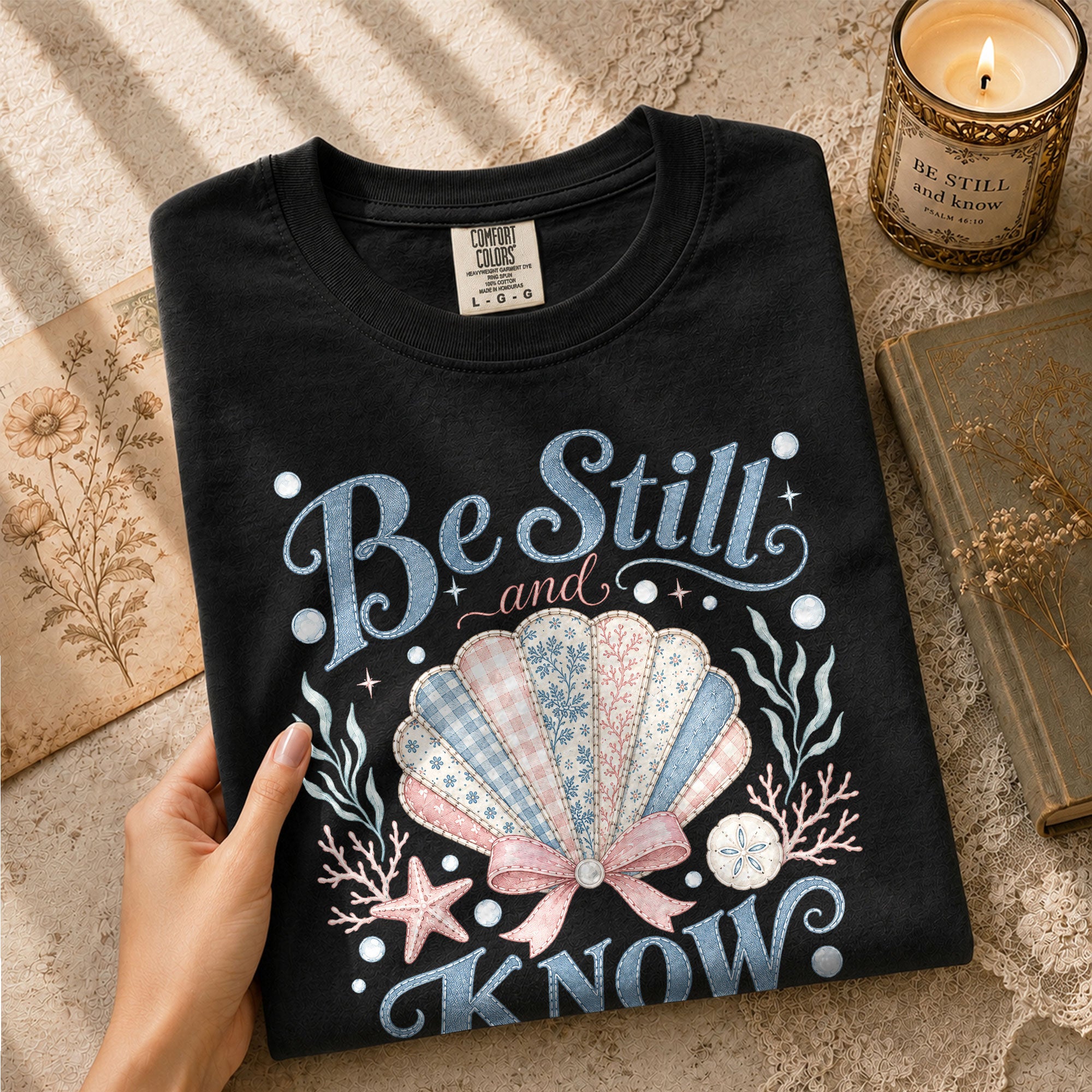 Be Still And Know Shirt Seashell Beach Ocean Christian Psalm 46 10 Faith Graphic Tee - Rust Field Wear