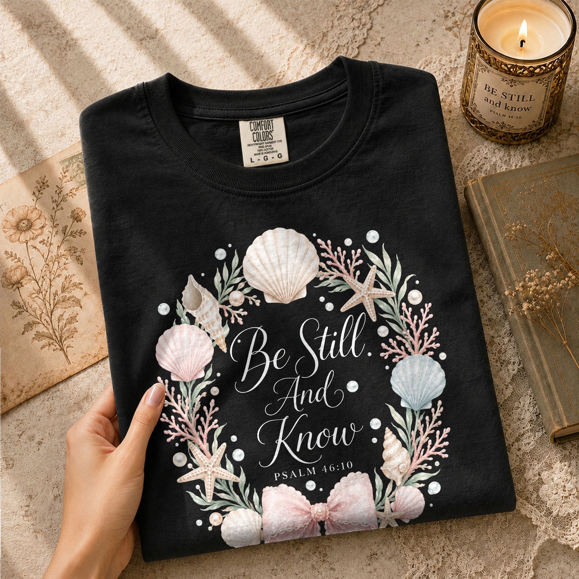 Be Still And Know Shirt Seashell Wreath Beach Christian Psalm 46 10 Faith Graphic Tee - Rust Field Wear