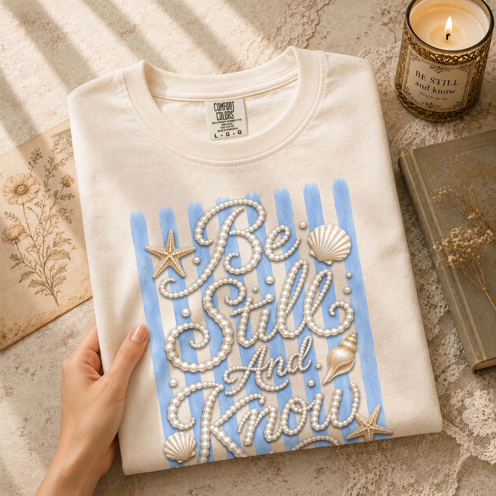 Be Still And Know Shirt Pearl Lettering Ocean Beach Christian Psalm 46 10 Graphic Tee - Rust Field Wear