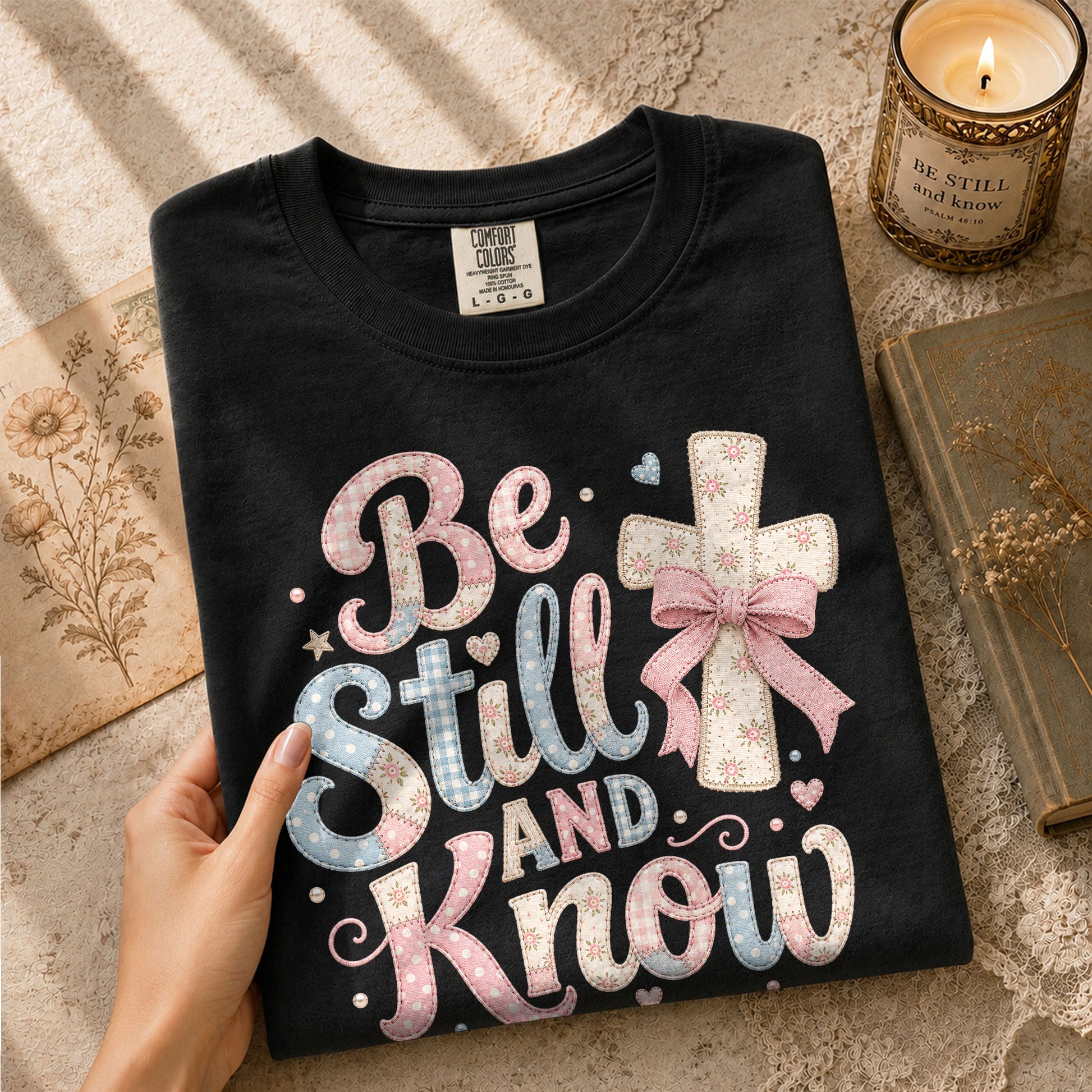 Be Still And Know Shirt Patchwork Cross Bow Christian Psalm 46 10 Faith Graphic Tee - Rust Field Wear