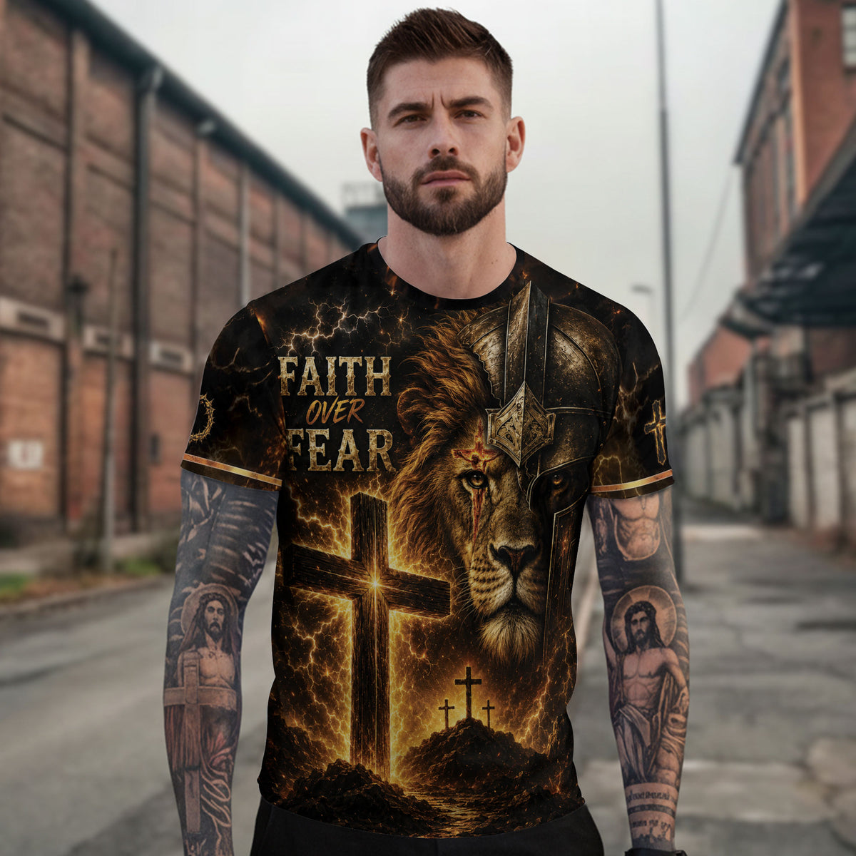 Faith Over Fear Lion Cross Warrior 3D Graphic Christian T Shirt Apparel Men Clothing - Rust Field Wear