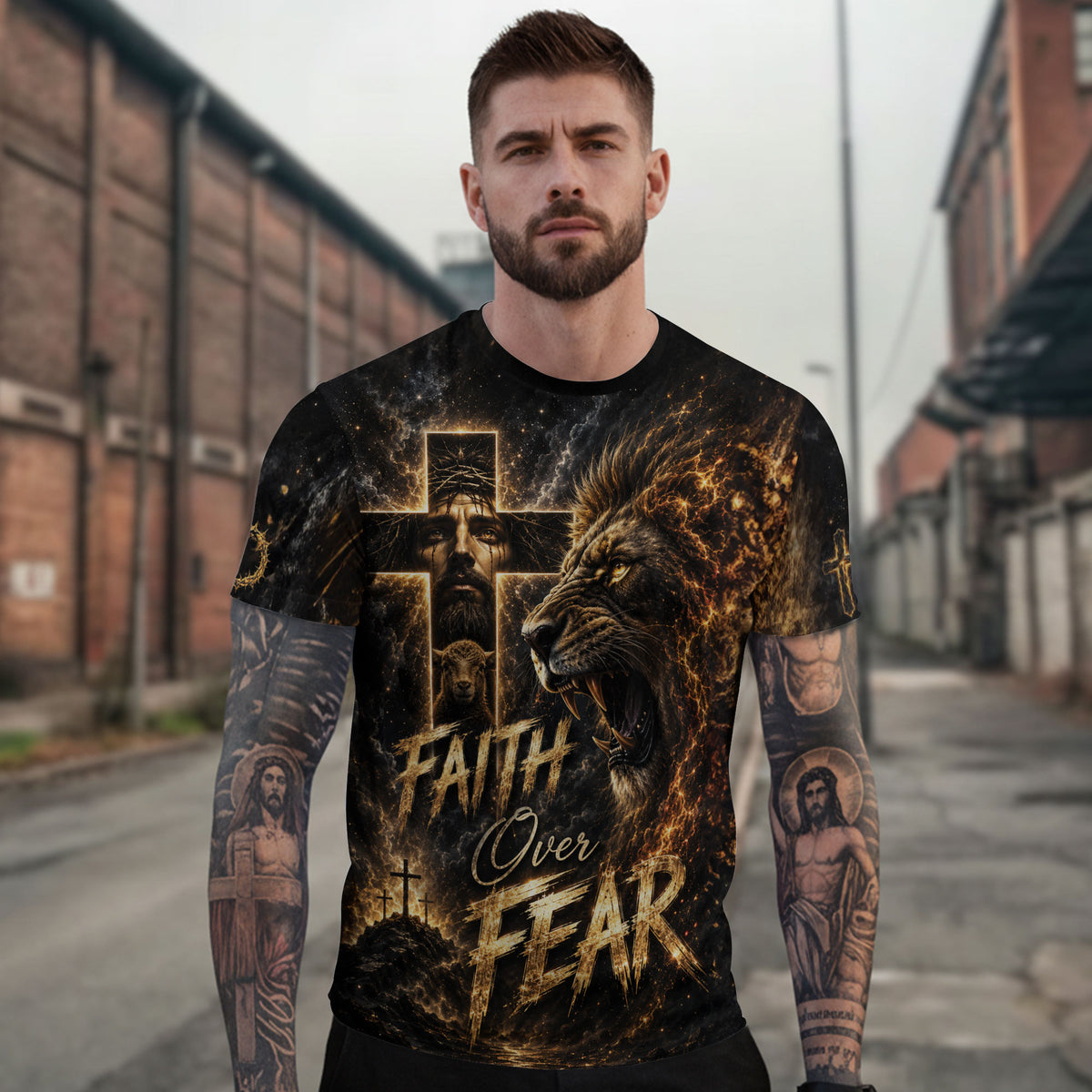 Faith Over Fear Jesus Lion Cross 3D Graphic Christian T Shirt Apparel Men Clothing - Rust Field Wear