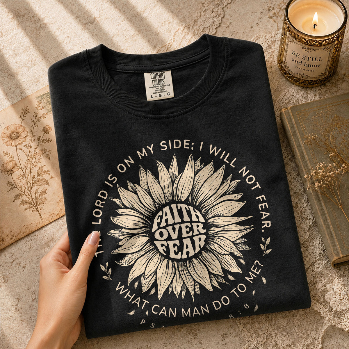 Faith Over Fear Sunflower Christian Women Shirt Inspirational Psalm Scripture Graphic Tee - Rust Field Wear