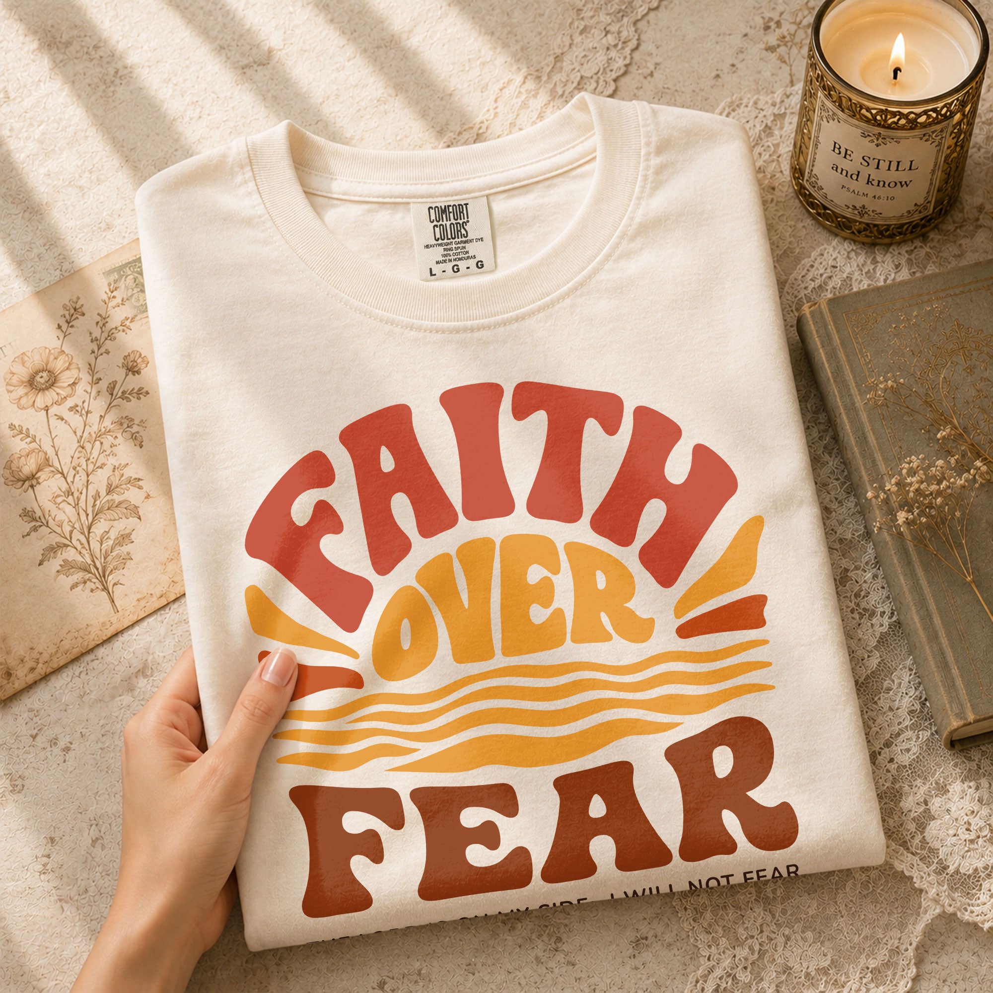 Faith Over Fear Christian Women Shirt Retro Sunset Graphic Inspirational Scripture Tee - Rust Field Wear