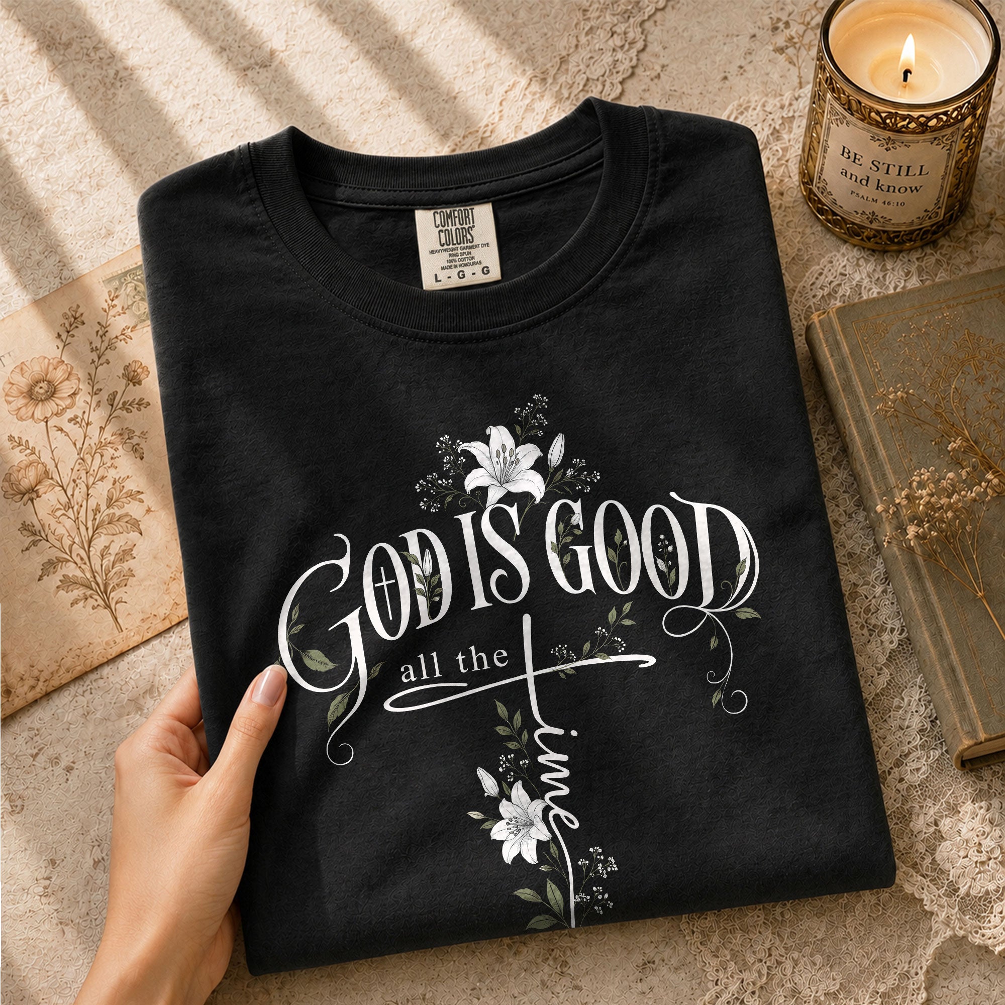 God Is Good All The Time Cross Floral Christian Graphic Casual Crewneck Tee Women - Rust Field Wear