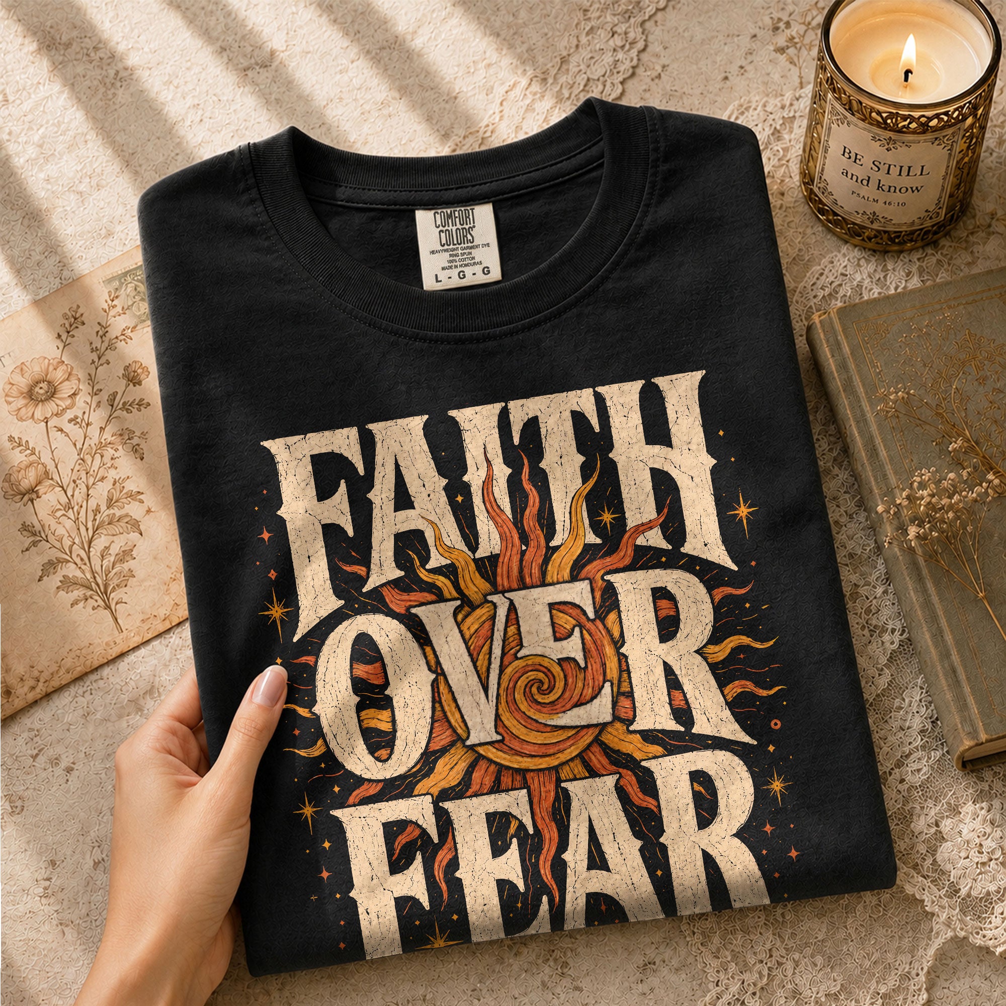 Faith Over Fear T Shirt Christian Women Big Bold Sun Psalm 118 6 Religious Tee Top - Rust Field Wear