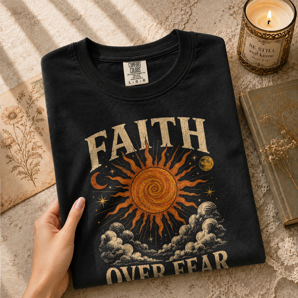 Faith Over Fear T Shirt Christian Women Sun Moon Clouds Psalm 118 6 Religious Tee - Rust Field Wear