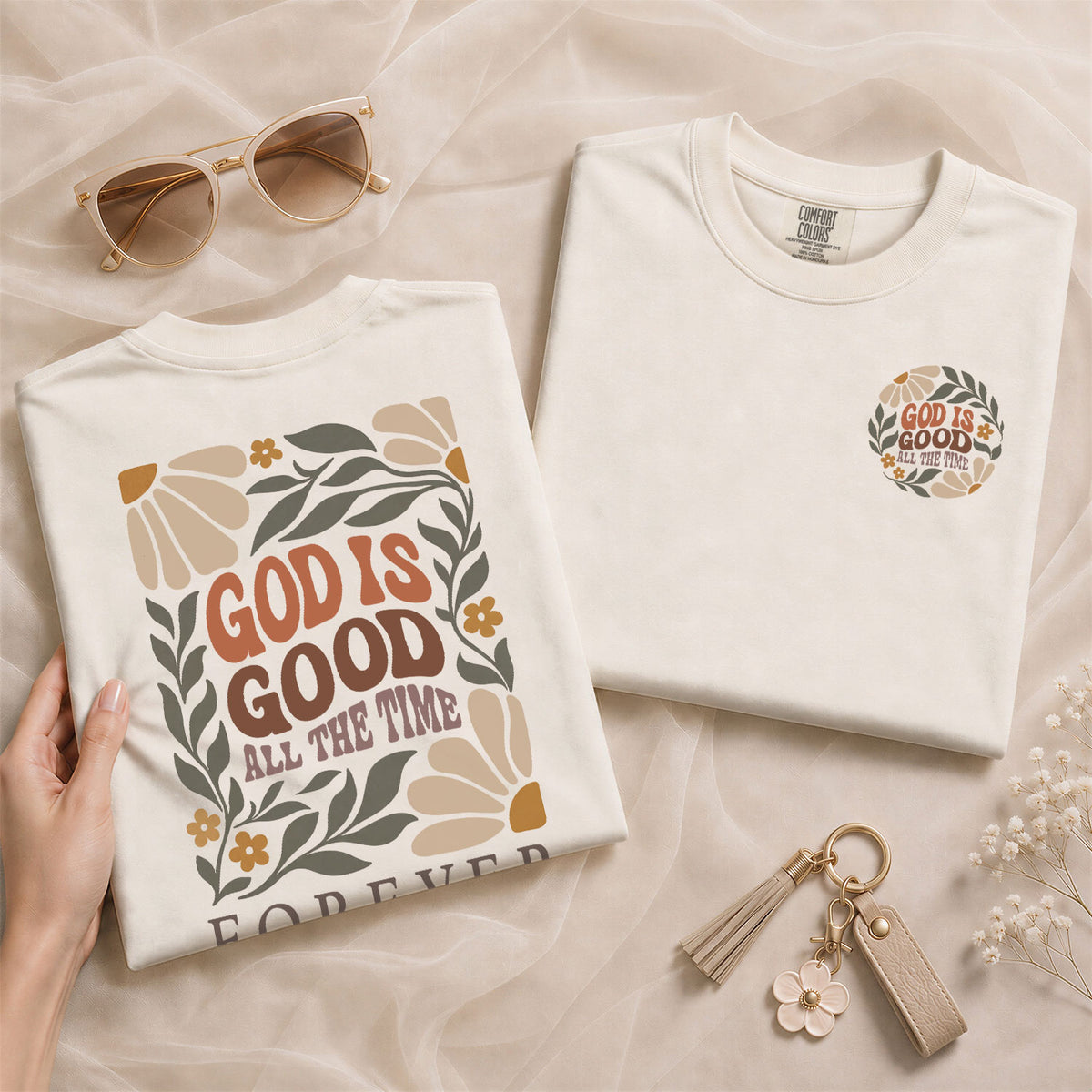God Is Good All The Time Retro Floral Psalms 136 1 Christian T Shirt Apparel Women - Rust Field Wear