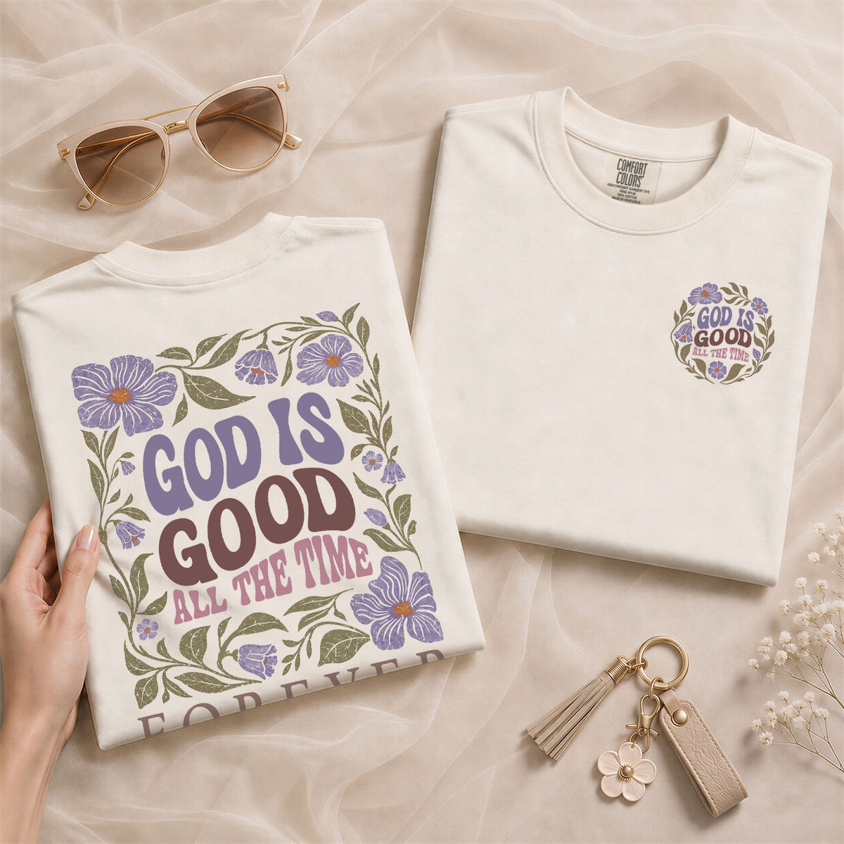 God Is Good All The Time Purple Floral Psalms 136 1 Christian T Shirt Apparel Women - Rust Field Wear