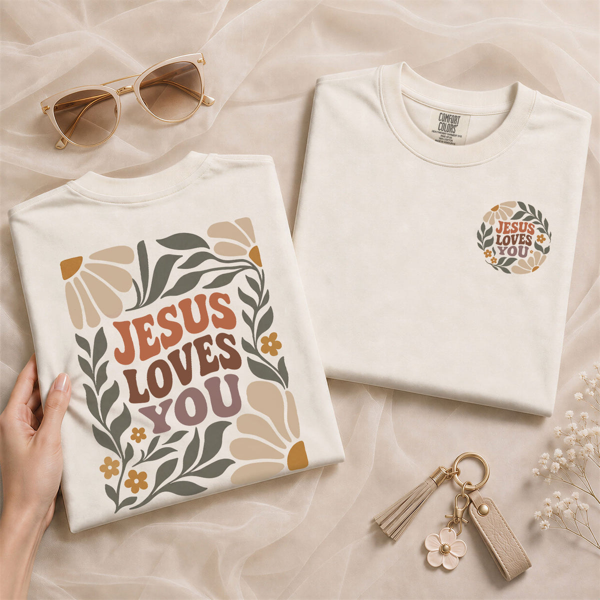 Jesus Loves You Retro Botanical Earth Tone 1 John 4 19 Christian T Shirt Apparel Women - Rust Field Wear