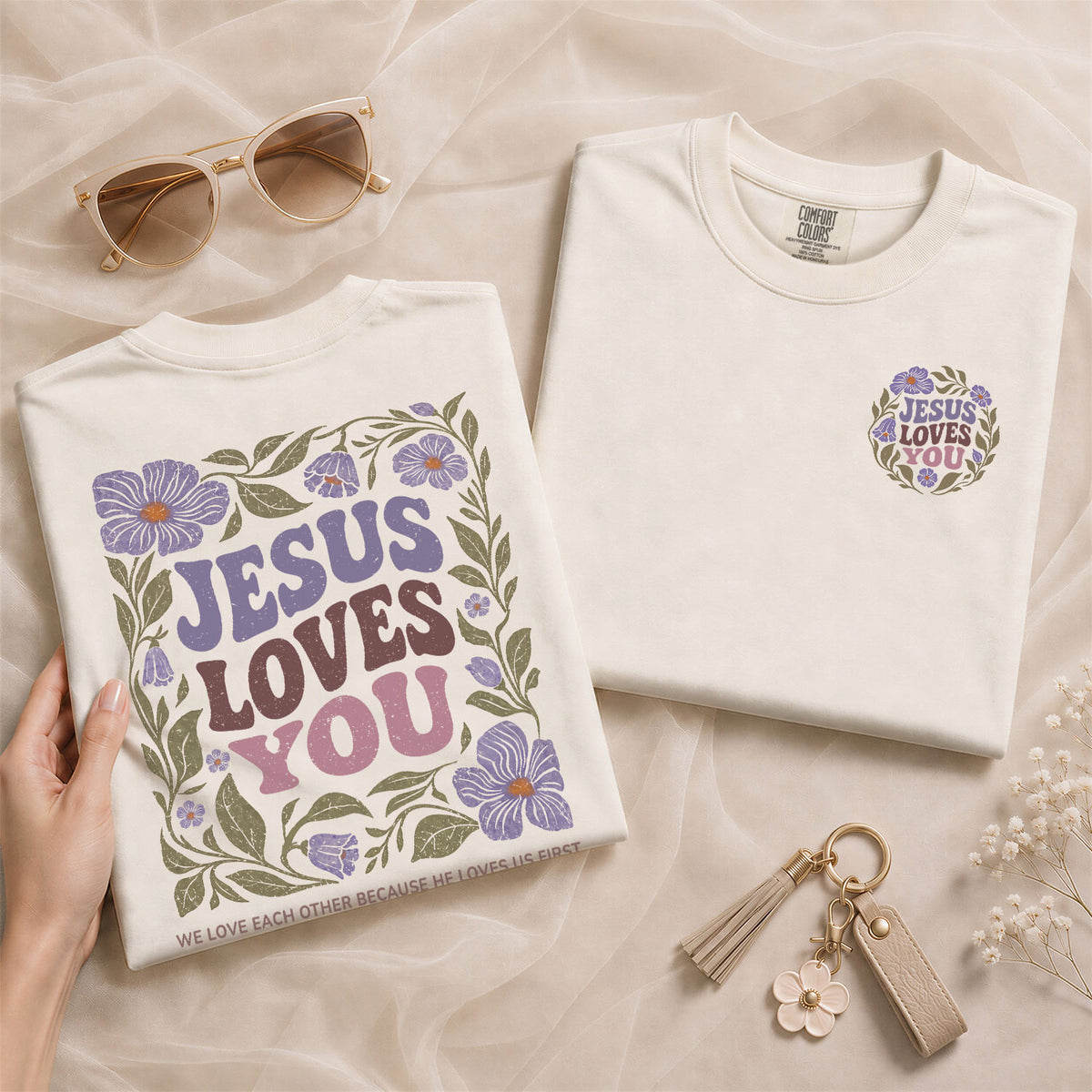 Jesus Loves You Retro Purple Floral 1 John 4 19 Christian T Shirt Apparel Women Top - Rust Field Wear