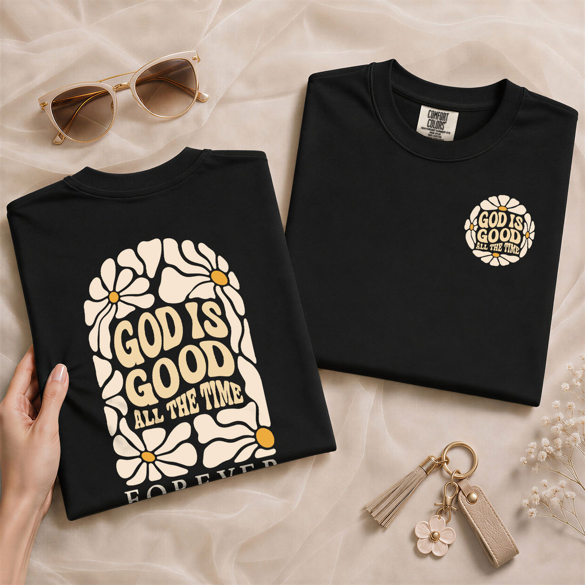 God Is Good All The Time Daisy Floral Psalms 136 1 Christian T Shirt Apparel Women - Rust Field Wear