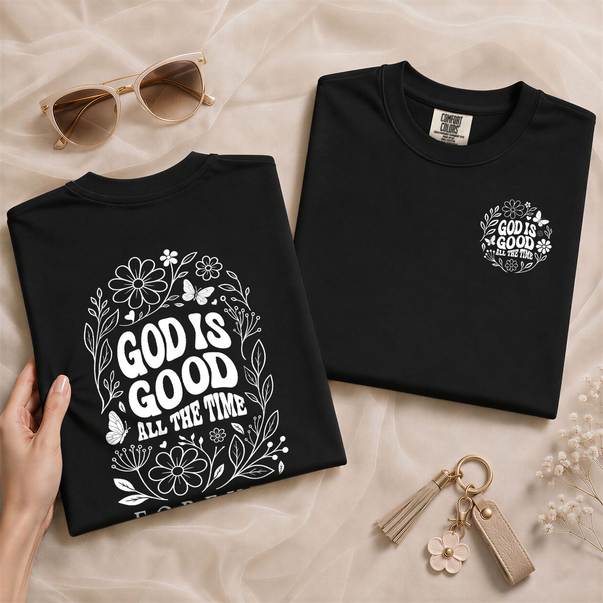 God Is Good All The Time Butterfly Floral Psalms 136 1 Christian T Shirt Apparel Women - Rust Field Wear