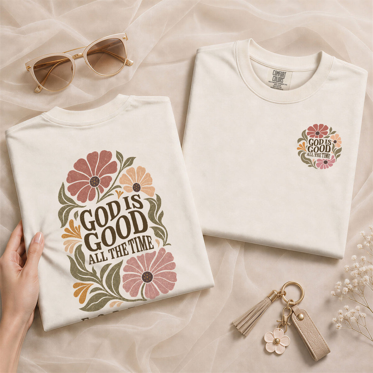 God Is Good All The Time Vintage Floral Psalms 136 1 Christian T Shirt Apparel Women - Rust Field Wear