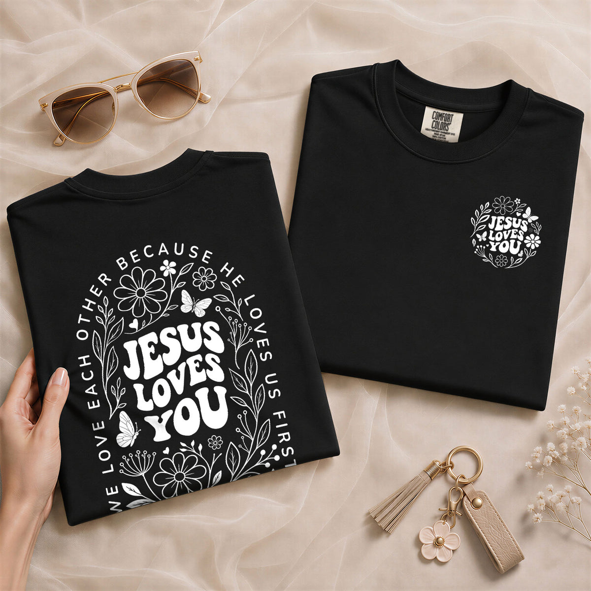 Jesus Loves You Retro Butterfly Floral 1 John 4 19 Christian T Shirt Apparel Women - Rust Field Wear