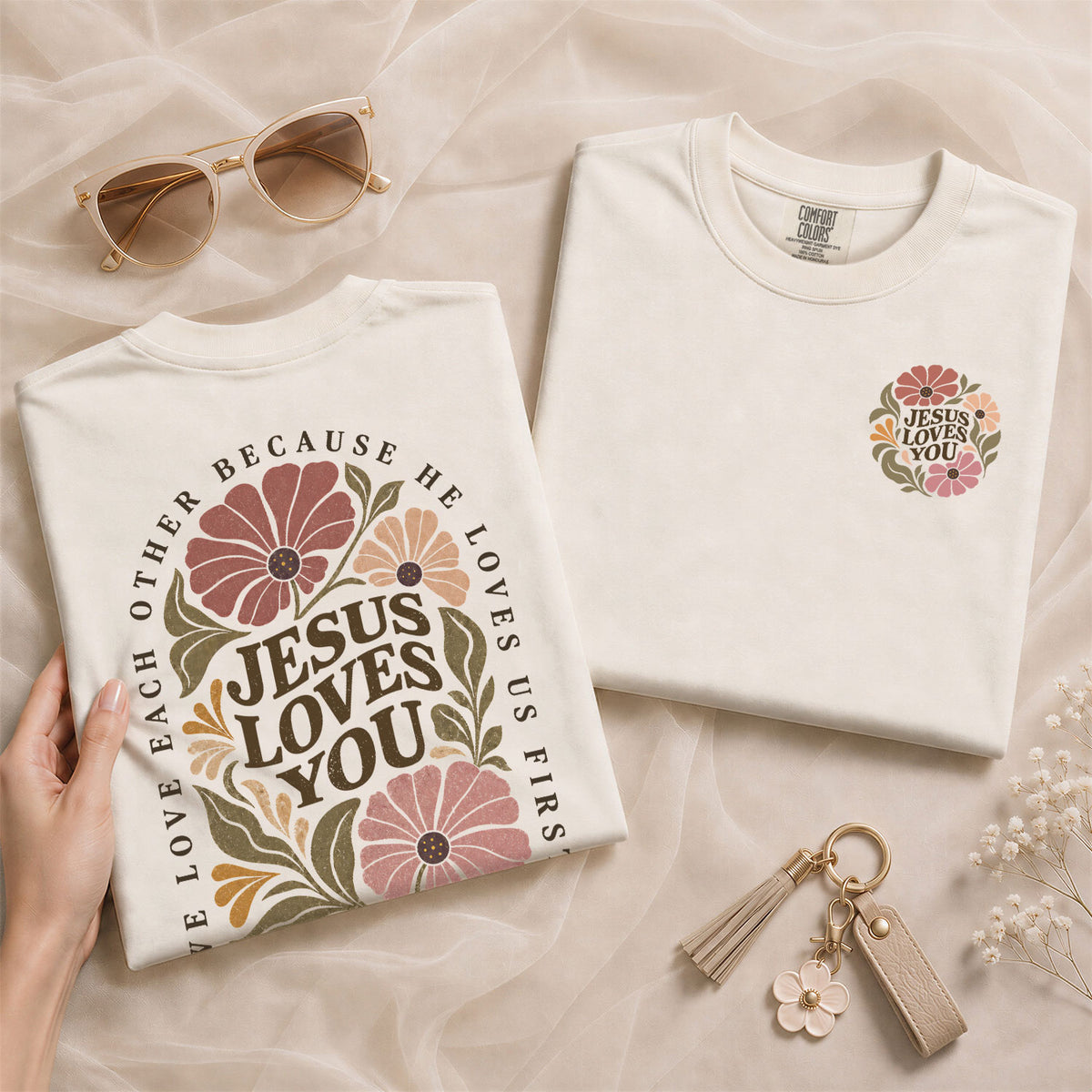 Jesus Loves You Vintage Floral 1 John 4 19 Scripture Christian T Shirt Apparel Women - Rust Field Wear