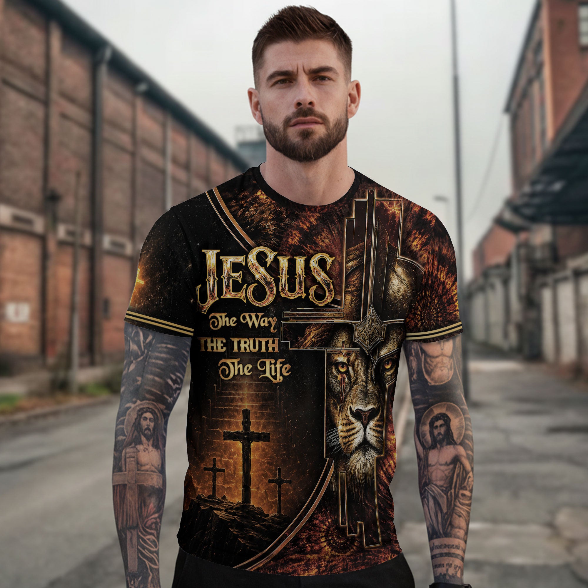 Jesus The Way The Truth The Life Lion Cross Christian Faith Christian Faith Design - Christian Tee Shirts, Christian Shirts for Men - Rust Field Wear