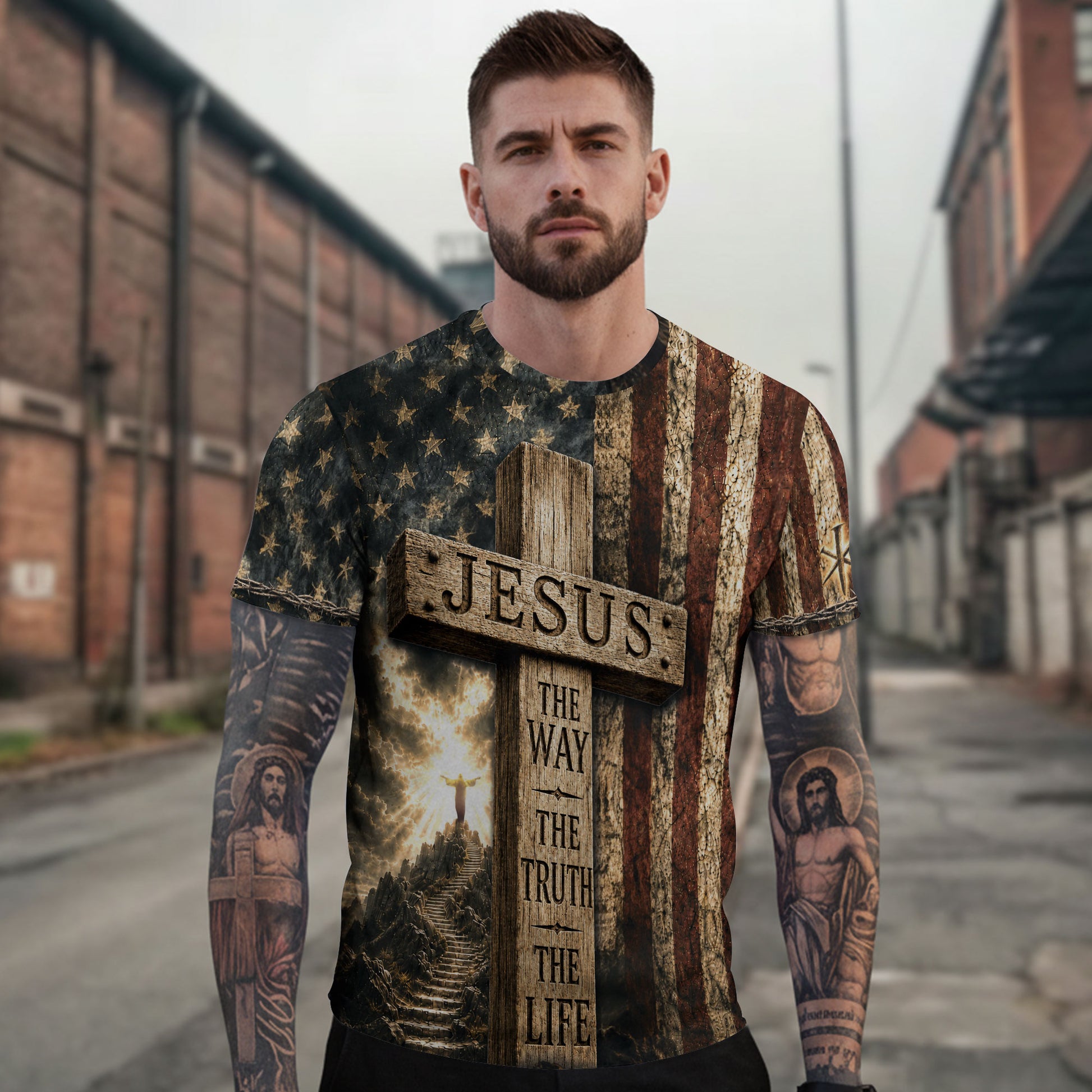 Christian Shirts for Men - Jesus The Way The Truth The Life Cross Flag Lamb Christian, Christian Tee Shirts - Rust Field Wear