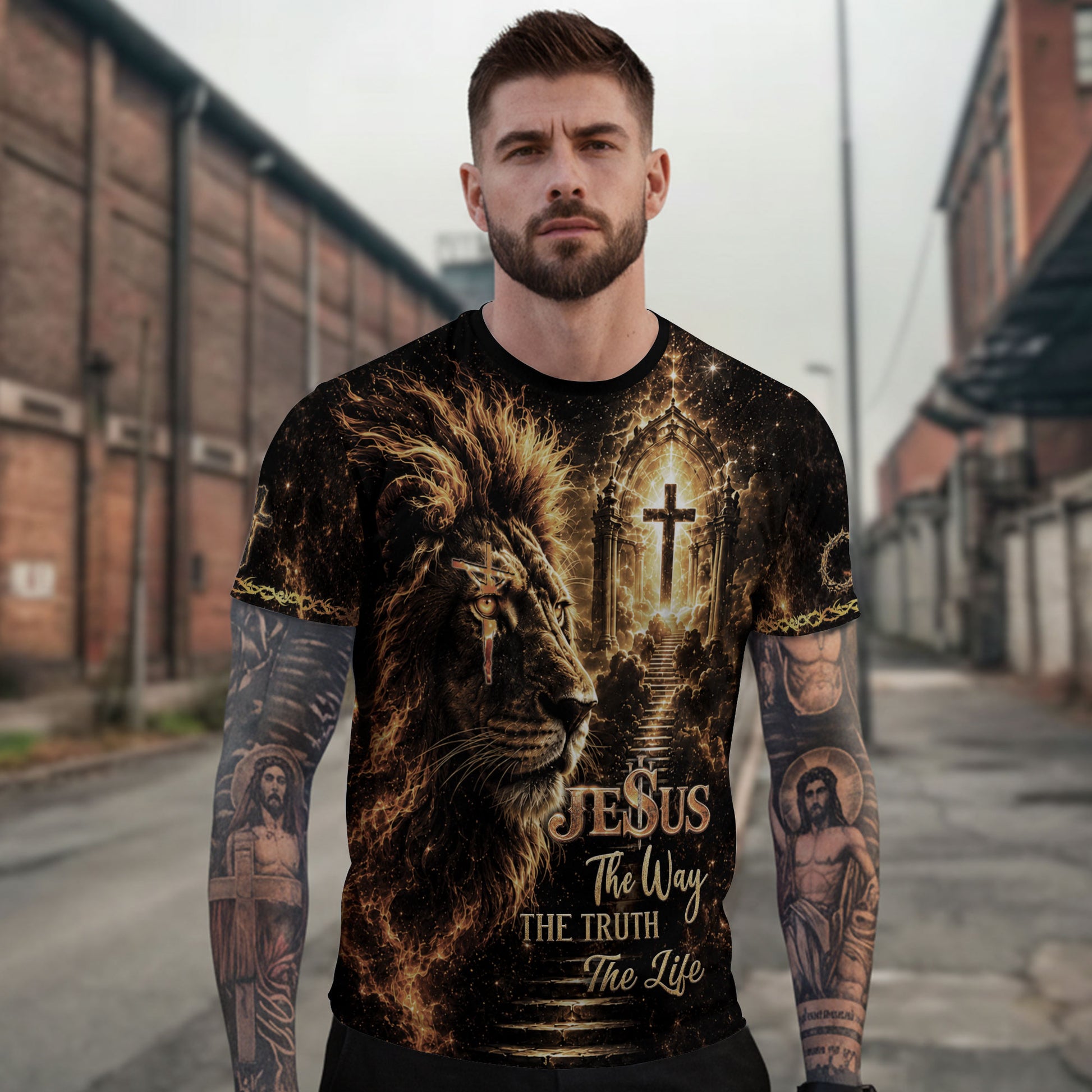 Jesus The Way The Truth The Life Lion Cross Christian Religious Tops, Christian Shirts for Men - Christian Tee Shirts - Rust Field Wear