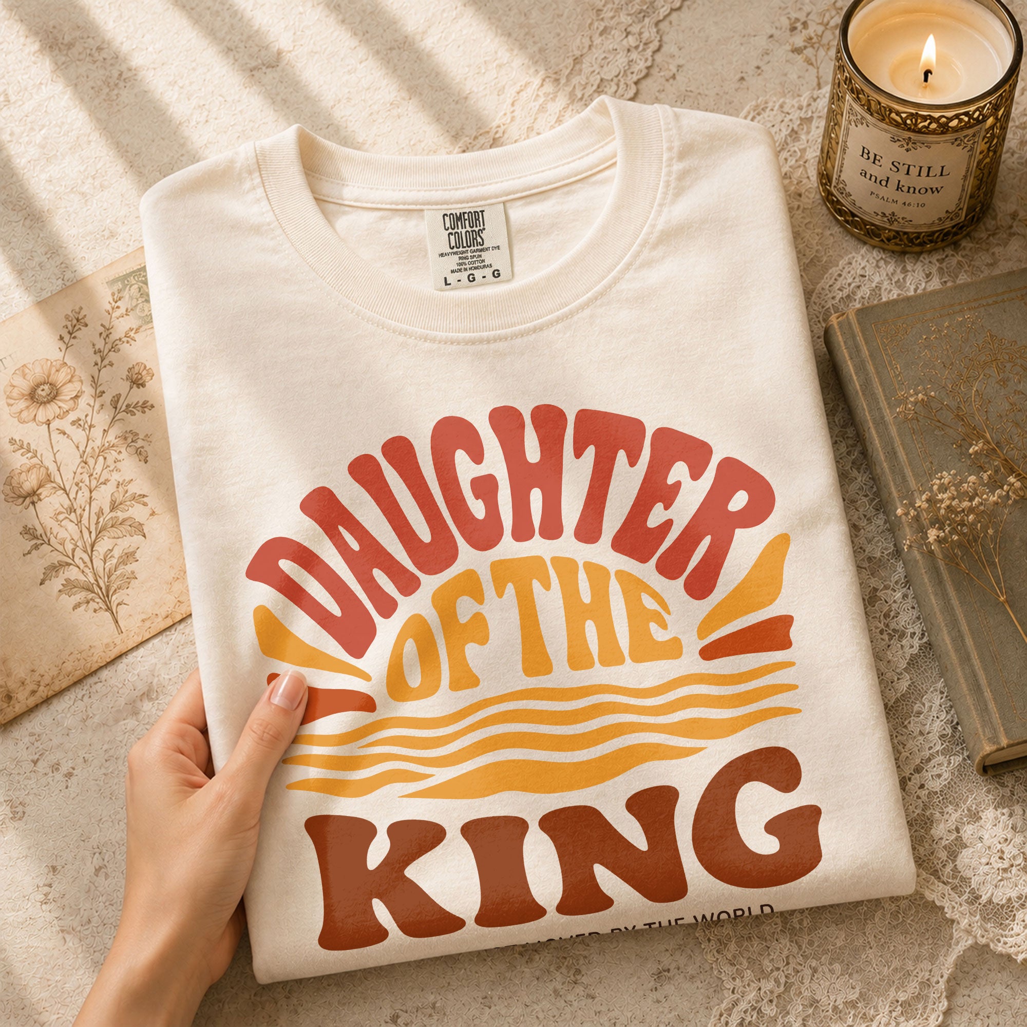 Daughter Of The King Retro Sunset Waves 2 Corinthians 6 18 Christian T Shirt Women - Rust Field Wear