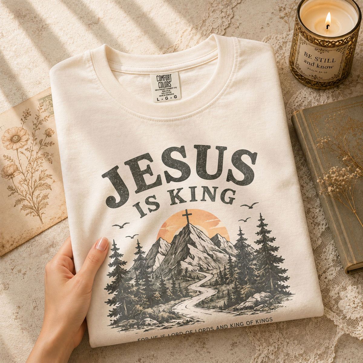 Jesus Is King Mountain Cross Trees Revelation 17 14 Graphic Christian T Shirt Women - Rust Field Wear