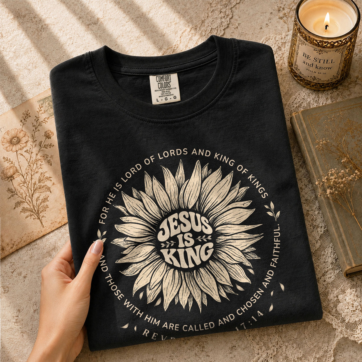 Jesus Is King Sunflower Floral Circle Revelation 17 14 Graphic Christian T Shirt Women - Rust Field Wear