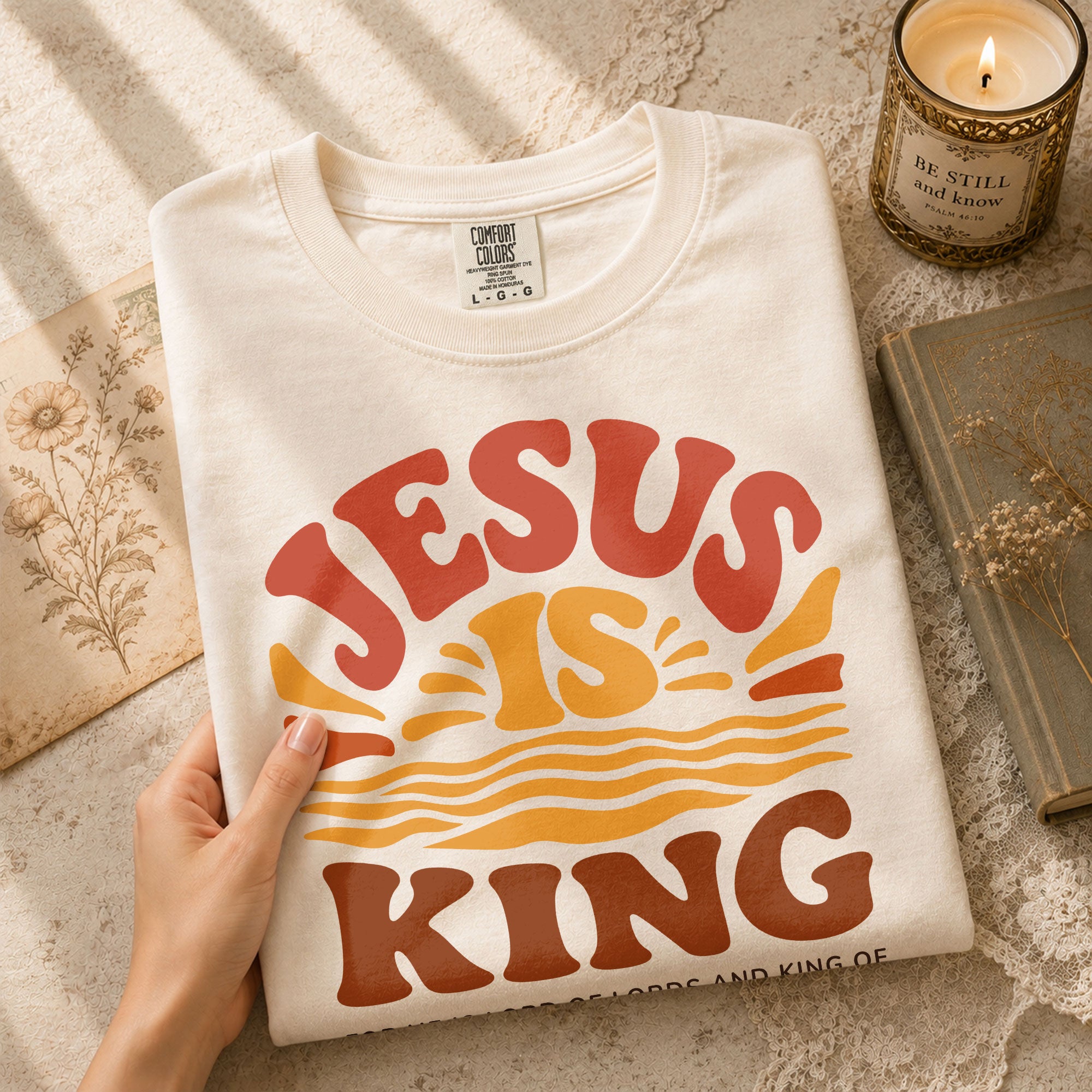 Jesus Is King Retro Sunset Waves Revelation 17 14 Graphic Christian T Shirt Women - Rust Field Wear