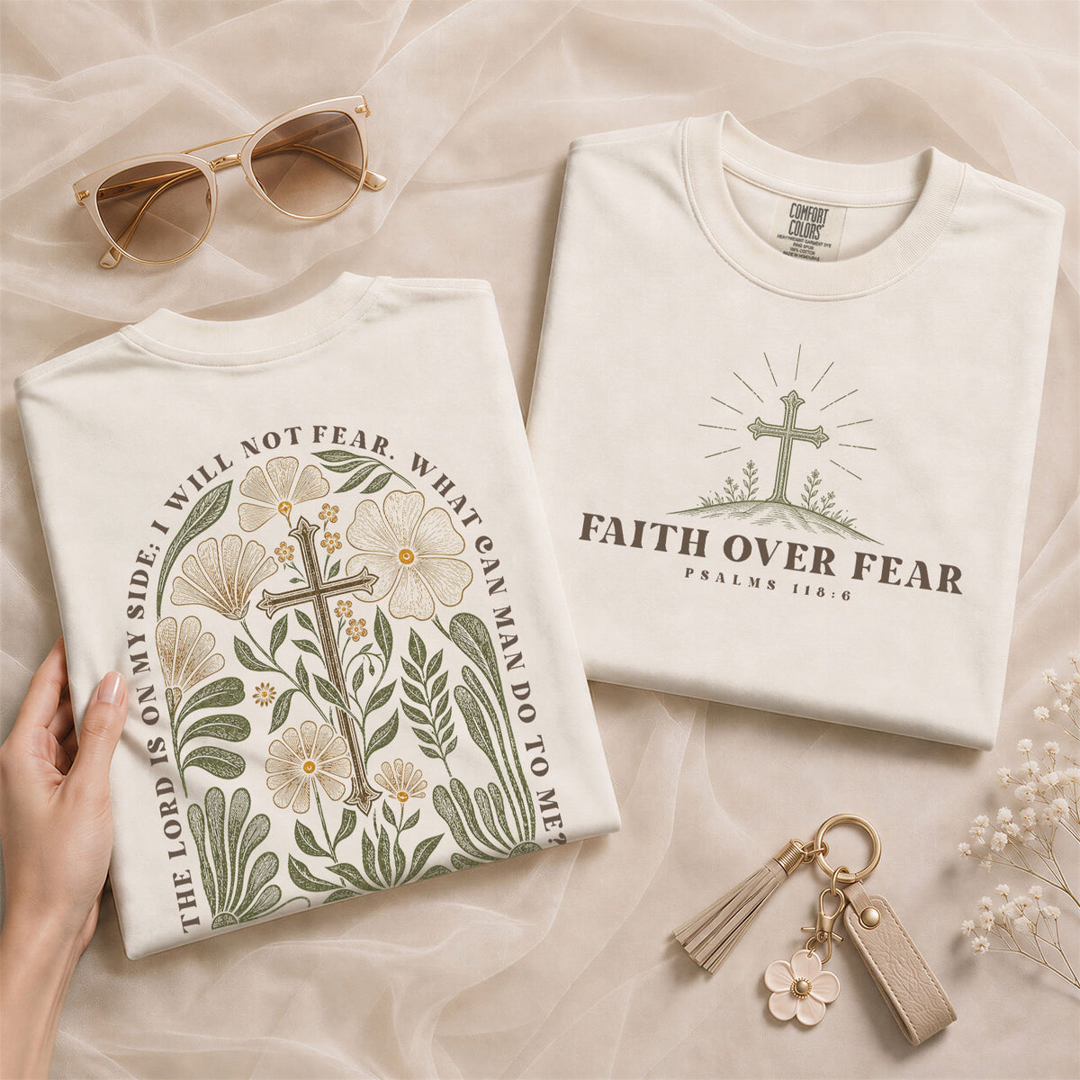 Faith Over Fear Shirt Christian Women Botanical Floral Cross Tee Psalm 118 Bible Verse - Rust Field Wear