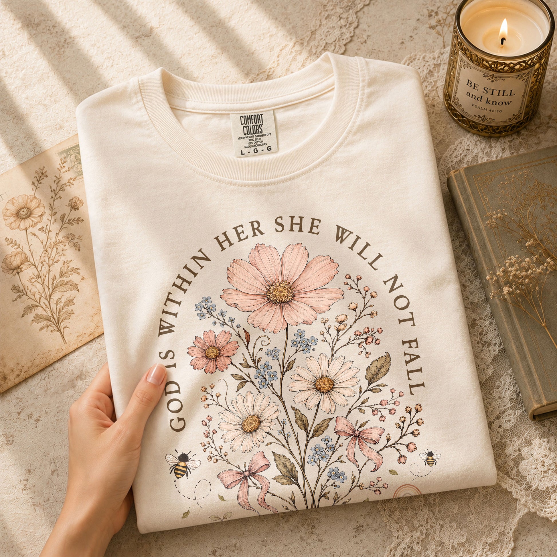 God Is Within Her Shirt Wildflower Floral Bee Christian Bible Verse Women Graphic Tee - Rust Field Wear