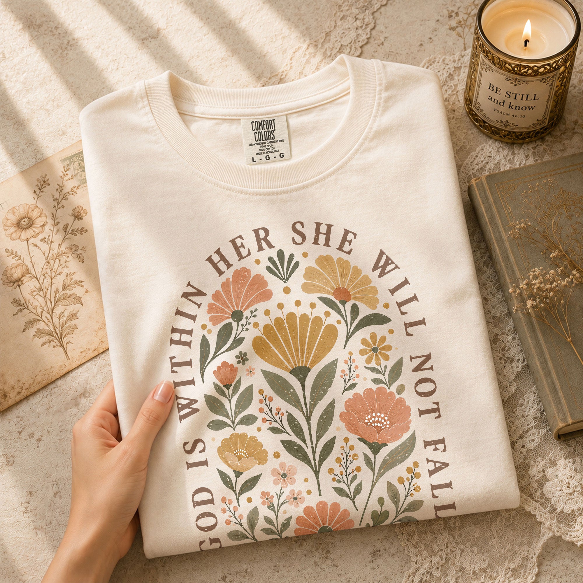God Is Within Her She Will Not Fall Shirt Floral Christian Psalm 46 5 Graphic Tee - Rust Field Wear