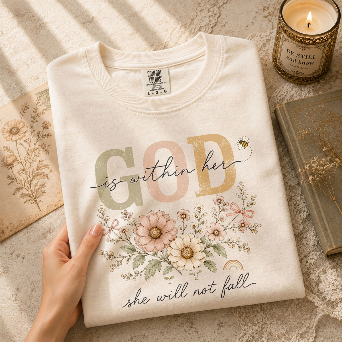 God Is Within Her She Will Not Fall Shirt Daisy Bee Christian Psalm 46 5 Graphic Tee - Rust Field Wear