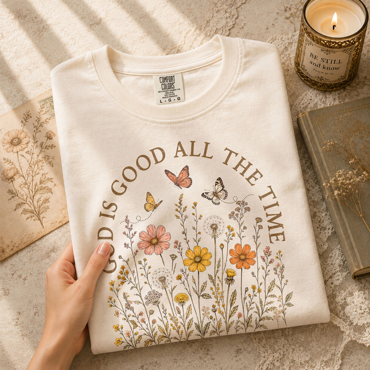God Is Good All The Time Shirt Wildflower Butterfly Christian Psalms 136 1 Graphic Tee - Rust Field Wear