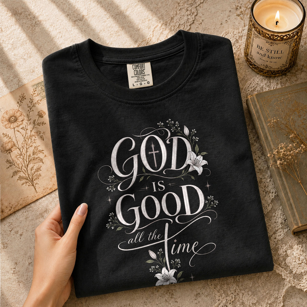 God Is Good Shirt Floral Lily Cross Christian Women Faith Quote Elegant Graphic Tee - Rust Field Wear