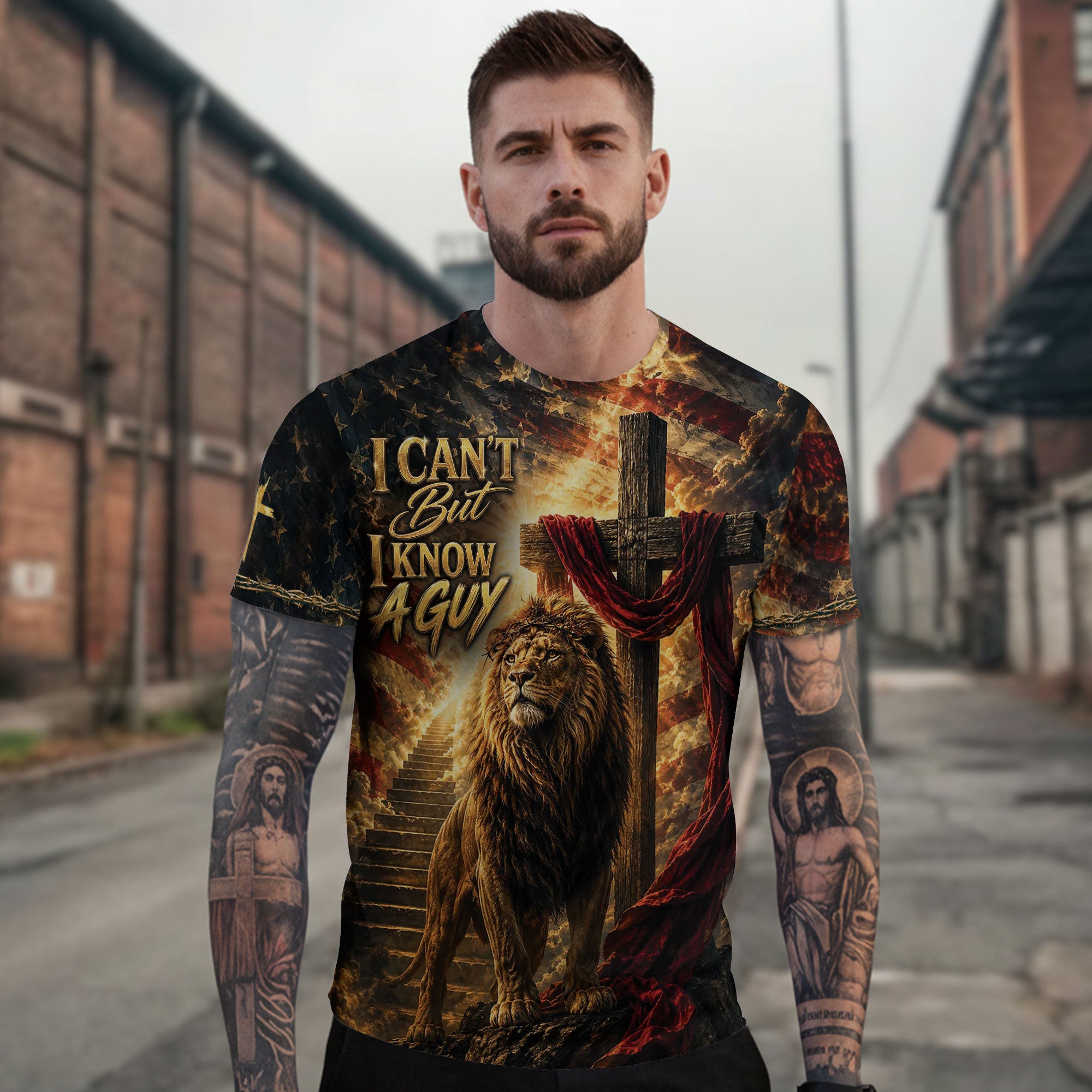 Christian Lion Cross 3D Men T-Shirt I Can't But I Know A Guy Jesus Faith Graphic Tee Shirt