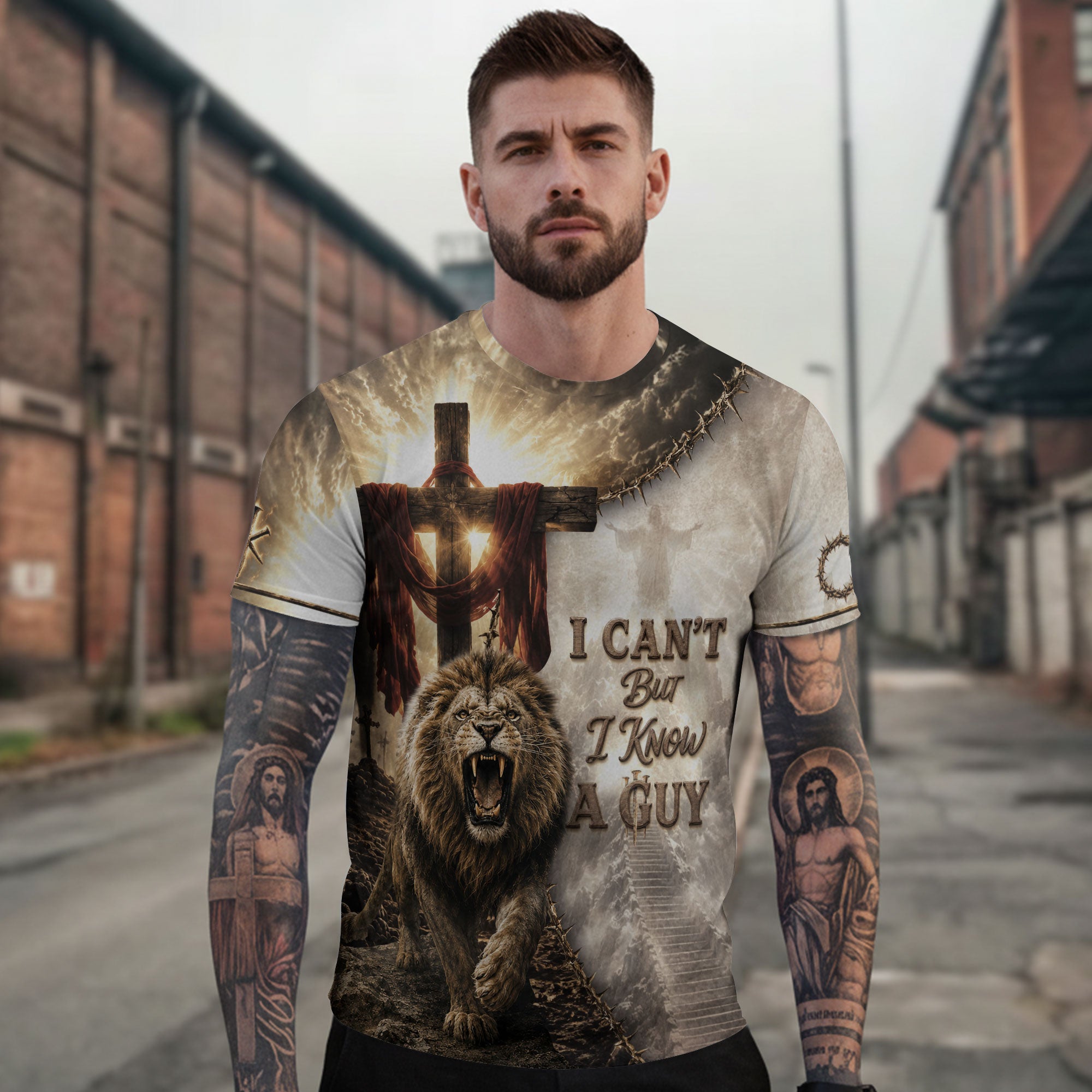 Christian Lion Cross Wings 3D Men Shirt I Can't But I Know A Guy Jesus Faith Print Tee