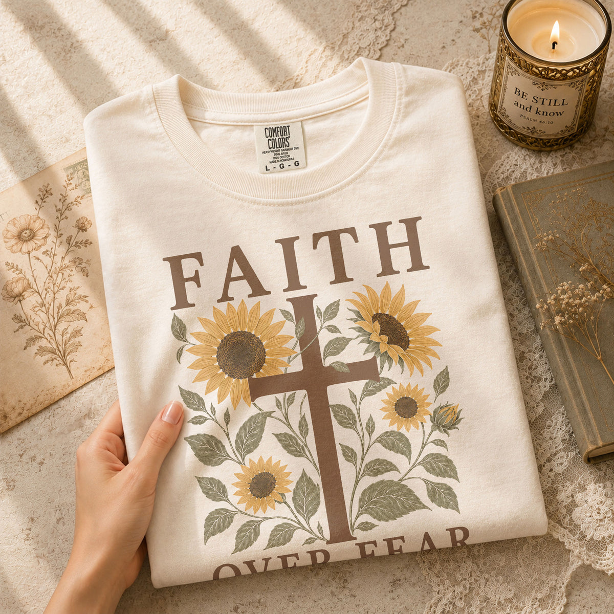 Faith Over Fear Shirt Christian Women Sunflower Cross Shirt Psalm 118 Bible Verse Floral Tee - Rust Field Wear