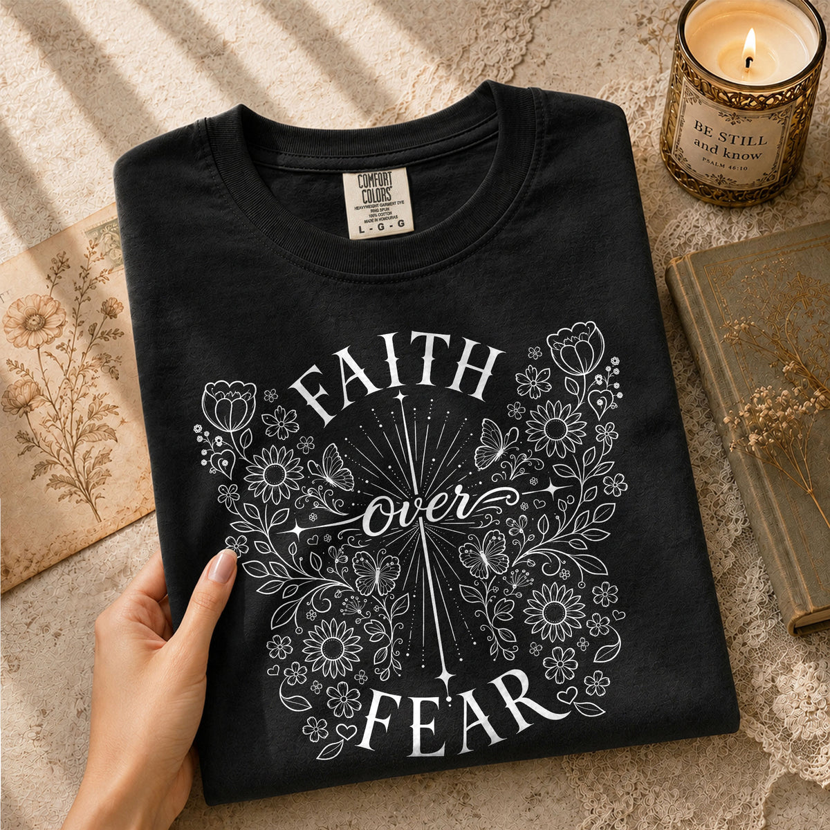 Faith Over Fear Shirt Christian Women Butterfly Floral Line Art Shirt Cross Jesus Graphic Tee - Rust Field Wear