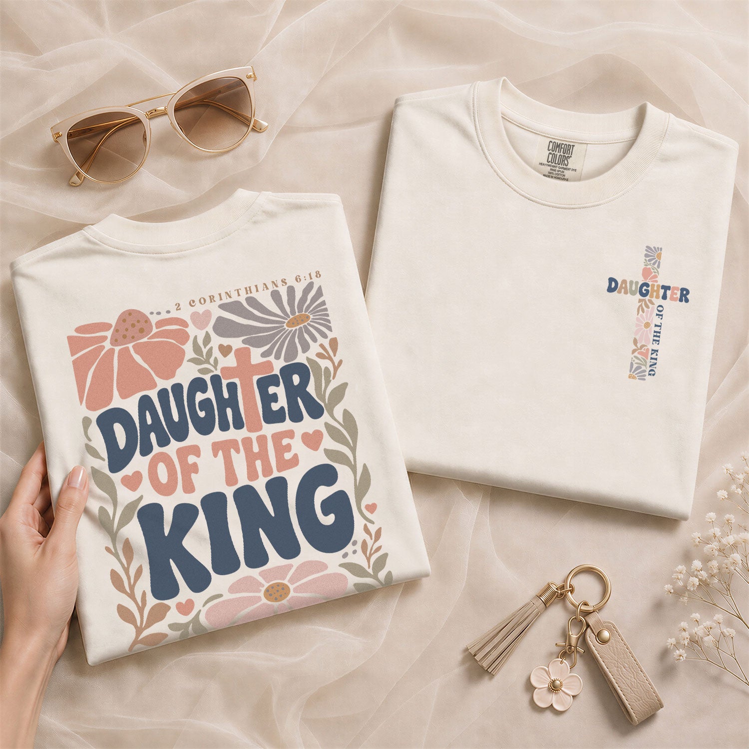 Daughter Of The King Retro Floral Cross Christian Graphic Everyday Tee Shirt Women - Rust Field Wear