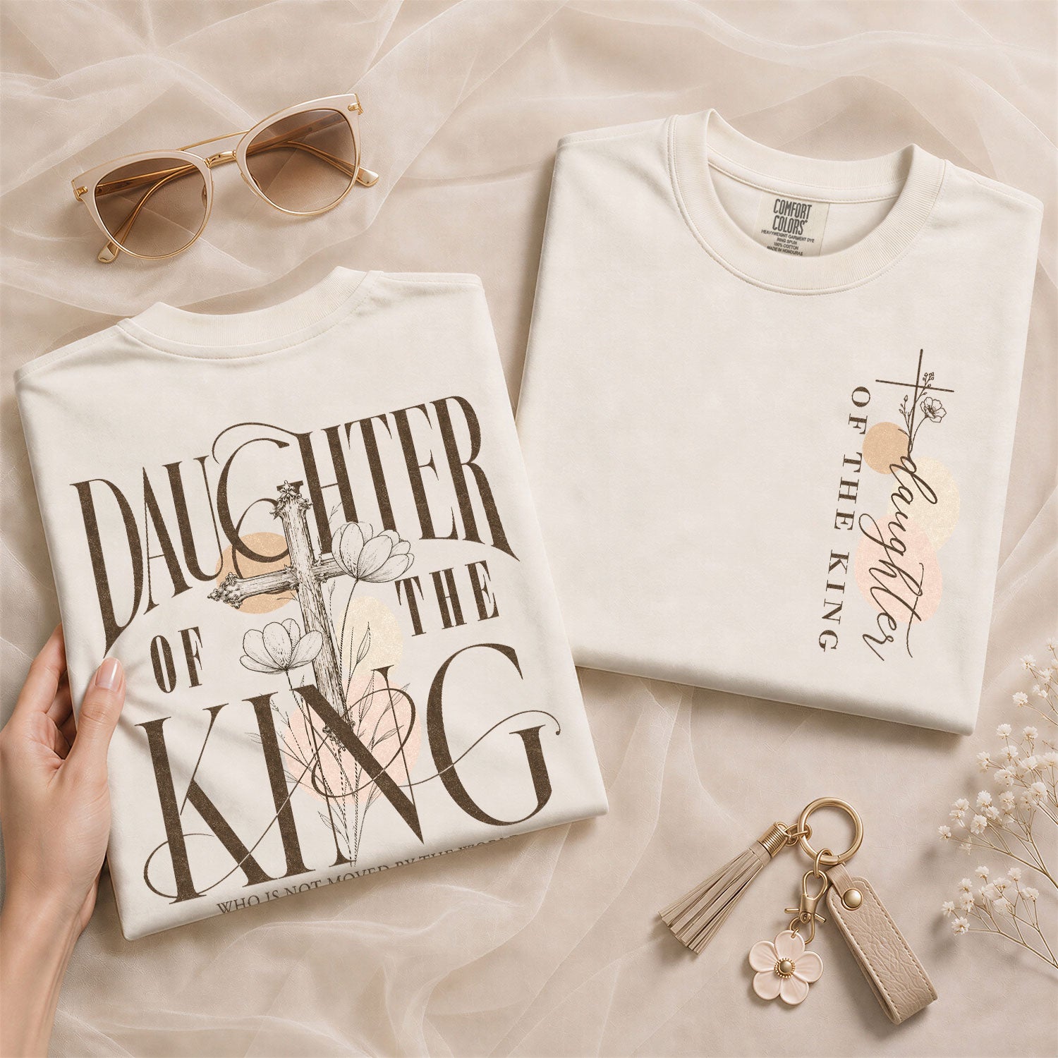 Daughter Of The King Cross Floral Christian Graphic Everyday Tee Shirt For Women - Rust Field Wear